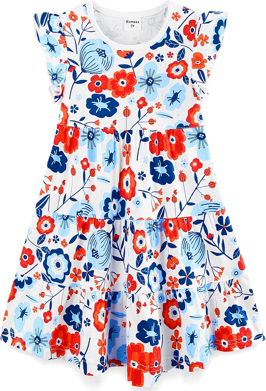 Bumeex Girl’s Dresses Cotton Ruffle Sleeve Tiered Swing A-Line Cute Midi Casual Sundress