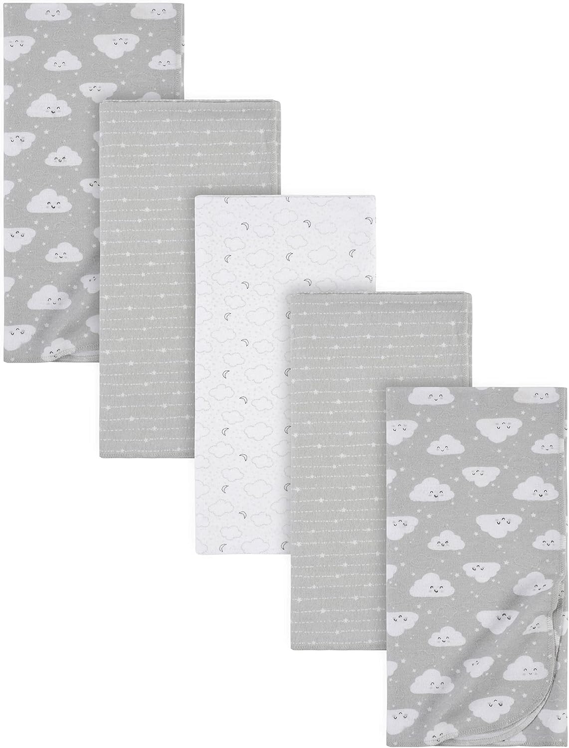 Gerber Boys and Girls Newborn Infant Baby Toddler Nursery 100% Cotton Flannel Receiving Swaddle Blanket, Clouds Grey, 5-Pack