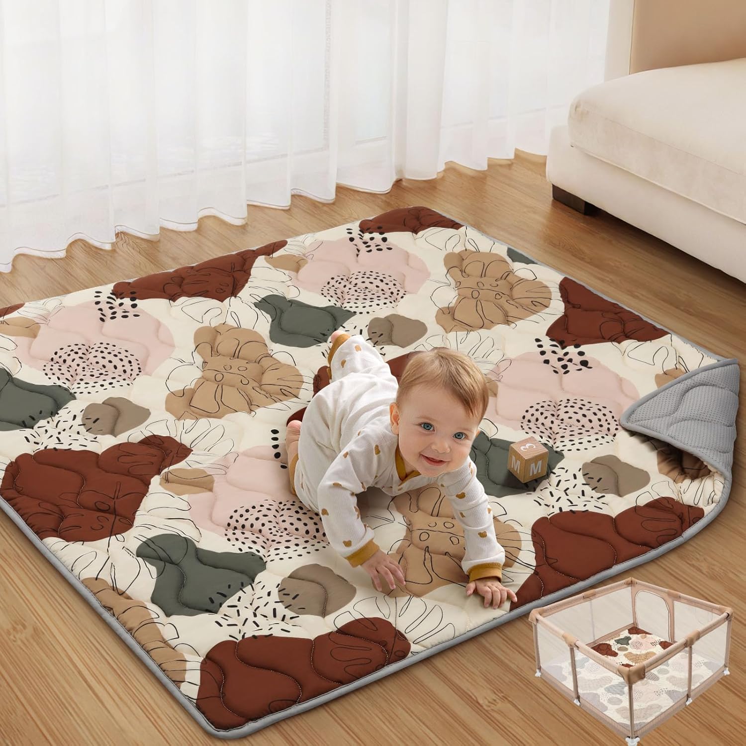 Blissful Diary Baby Play Mats for Floor, 50×50 Crawling Mat for Playpen, Thicken Soft Padding Foam Playmats for Babies and Toddlers Infants, Foldable and Machine Washable, Boho Design