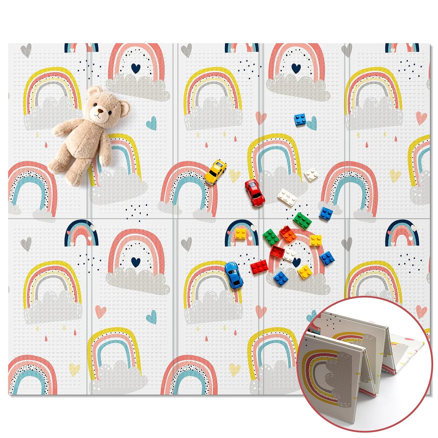 Noonkty 71×59 Foldable Foam Baby Play Mat for Floor, Babies Activity Tummy Time Playmat, Kids Non Toxic Foam Thick Play Mat for Baby, Toddlers, Waterproof & Anti-slip Crawling Mats,Rainbow,71x59x0.4