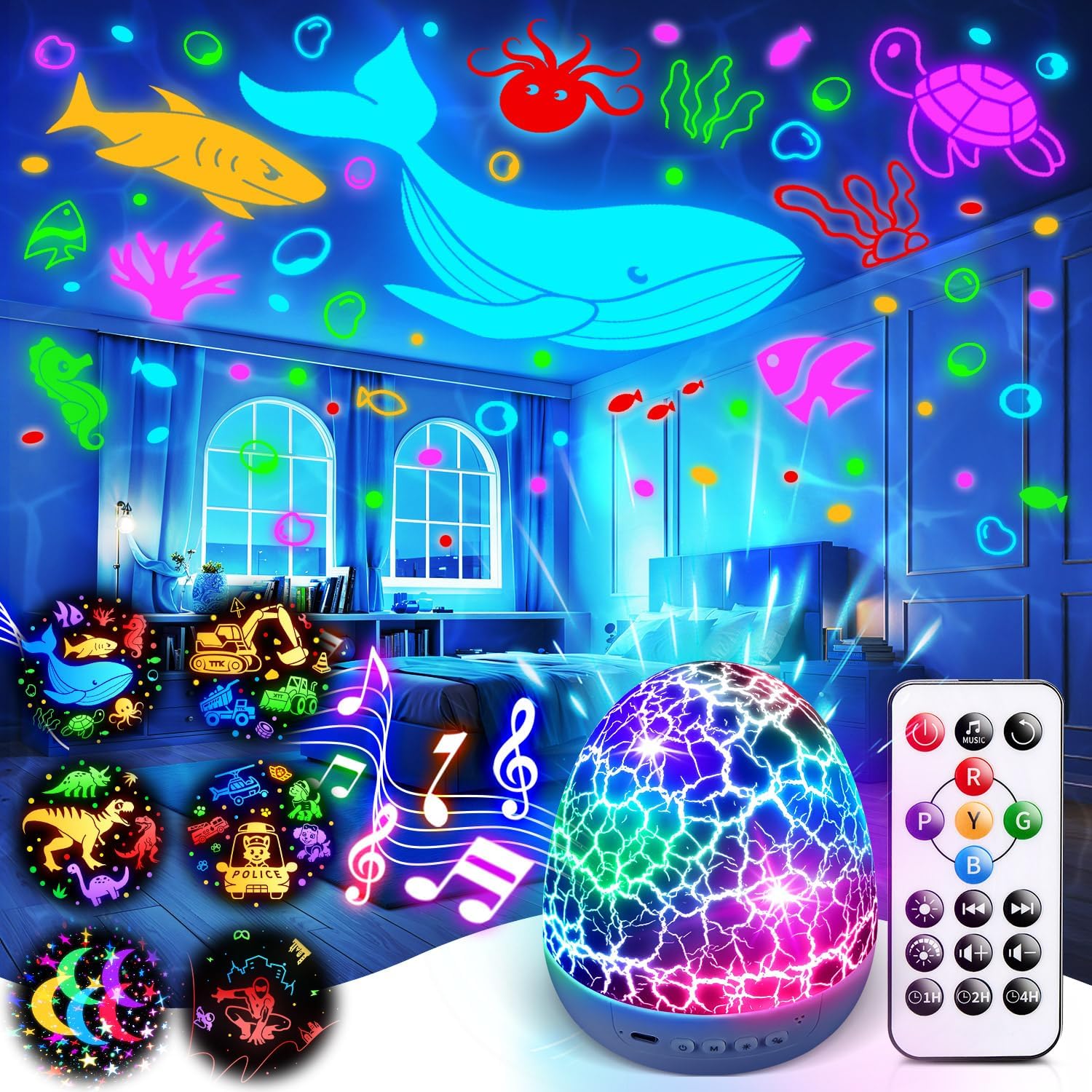 Star Projector Night Light for Kids, 6 Films & 15 Lullabies White Noise Sound Machine, Sensory Toys for Boys Toddlers, 360 Rotation Remote Timer Dino Egg Lights for 1-9 Boy Birthday Gifts
