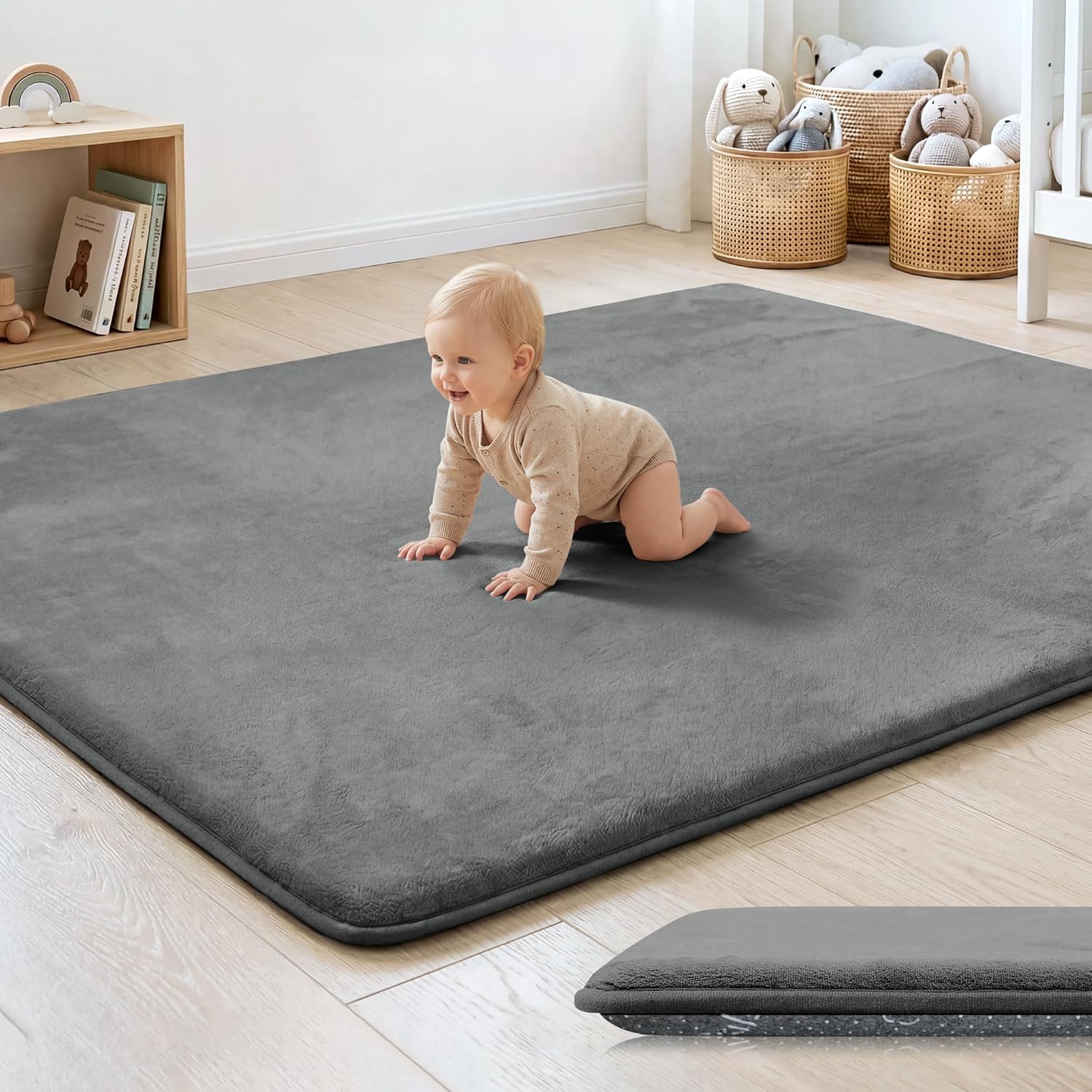 1.3″ Thick Baby Floor Play Mat 50×50, Basic Padded Foam Mat for Tummy Time Crawling, Non Slip Cushioned for Babies Toddlers Infants Kids (Dark Grey)