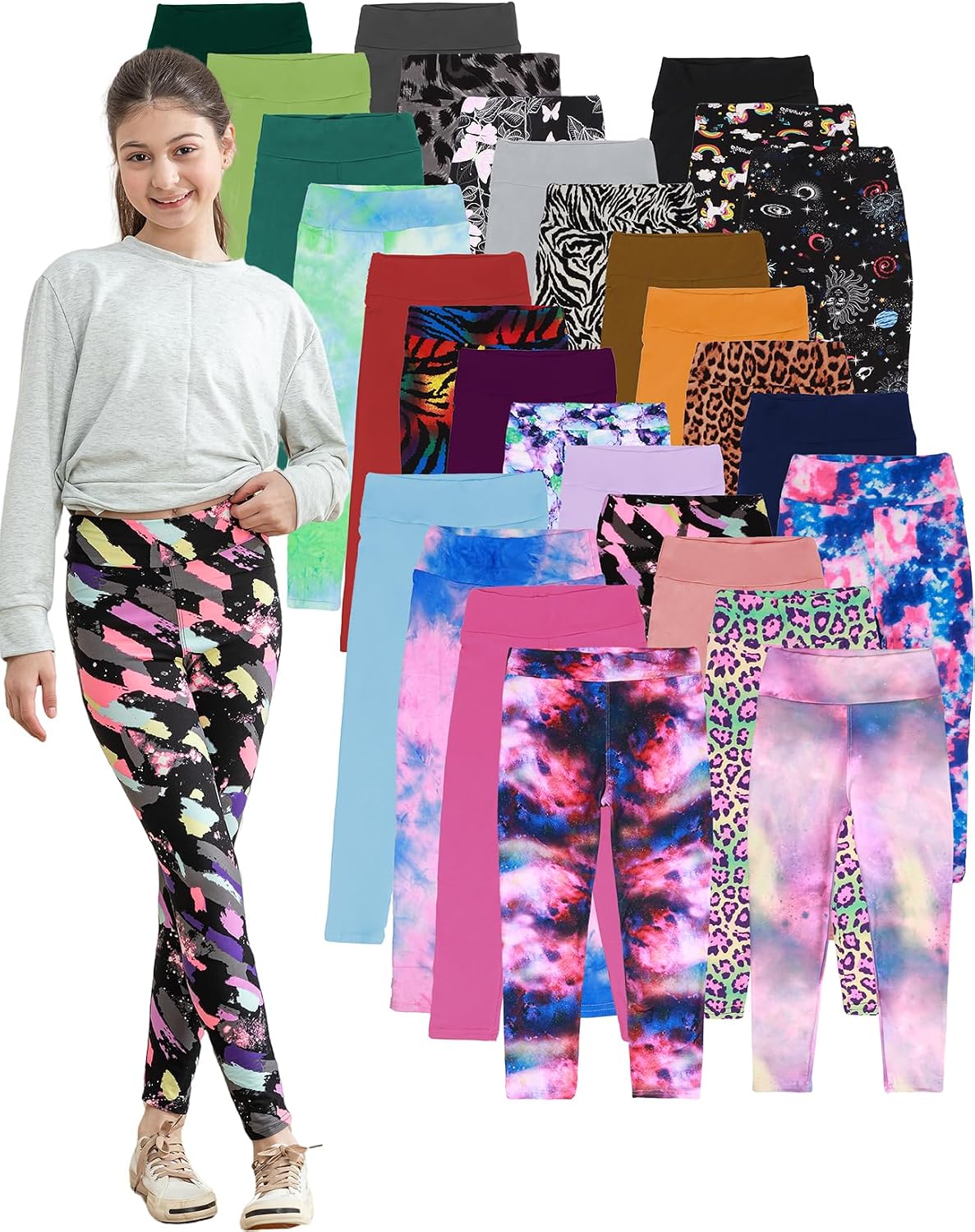 Girls Prints Leggings High Waist Tie Dye Toddlers’ Fashion Leggings Size 4-11Y,Stretchy Tight Pants, Multipacks