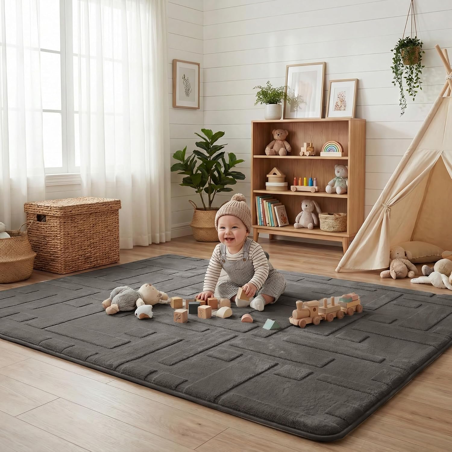 Baby Play Mat for Floor, 1.3″ Thick 59×79 Plush Soft Foam Mats for Toddler Kids Crawling, Non-Slip Easy Care Nursery Rug for Playroom Living Room (Dark Grey)