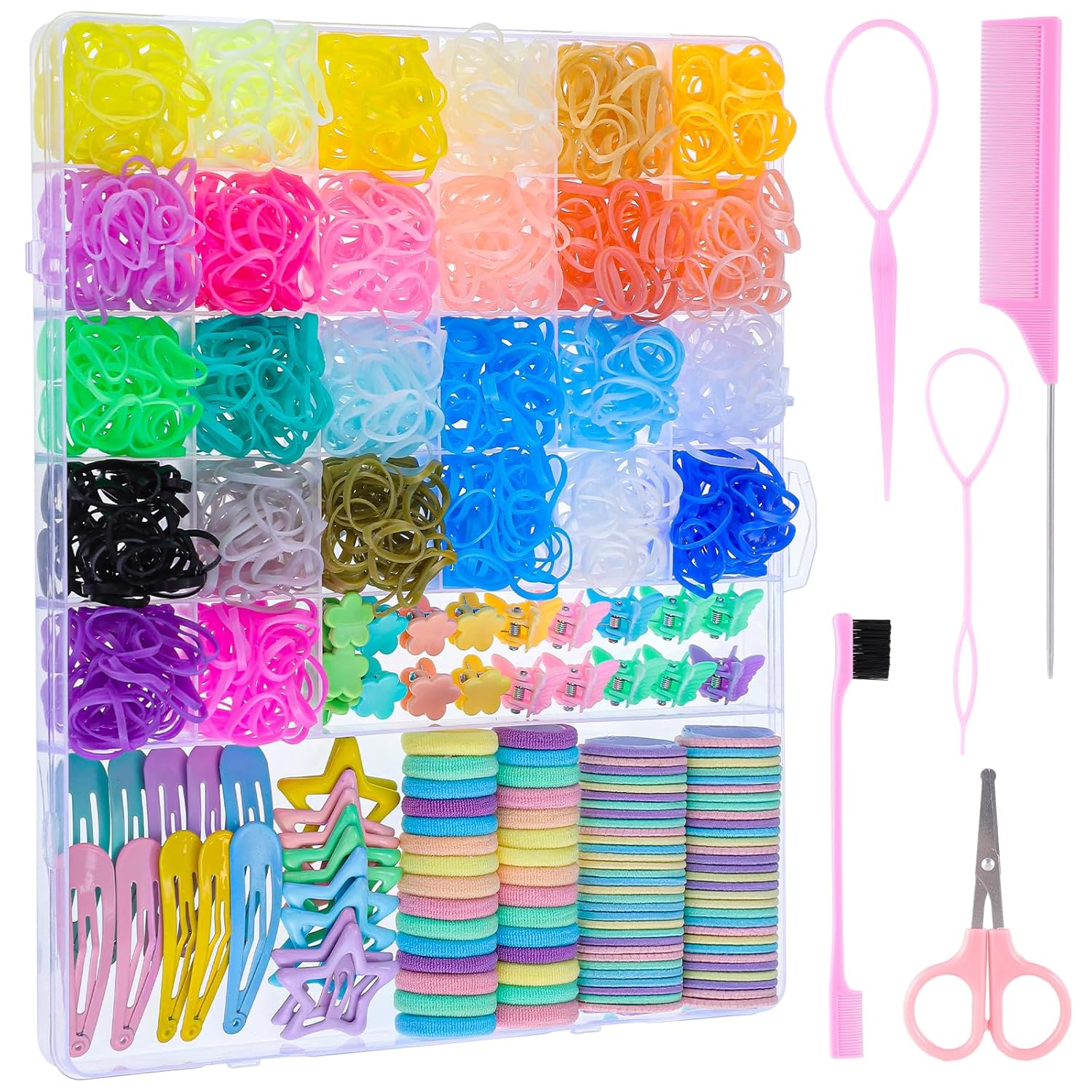 obeoby 2020Pcs Colorful Elastic Hair Ties Rubber Bands Set with 5 Styling Tools 40Pcs Hair Clips Hair Accessories for Girls