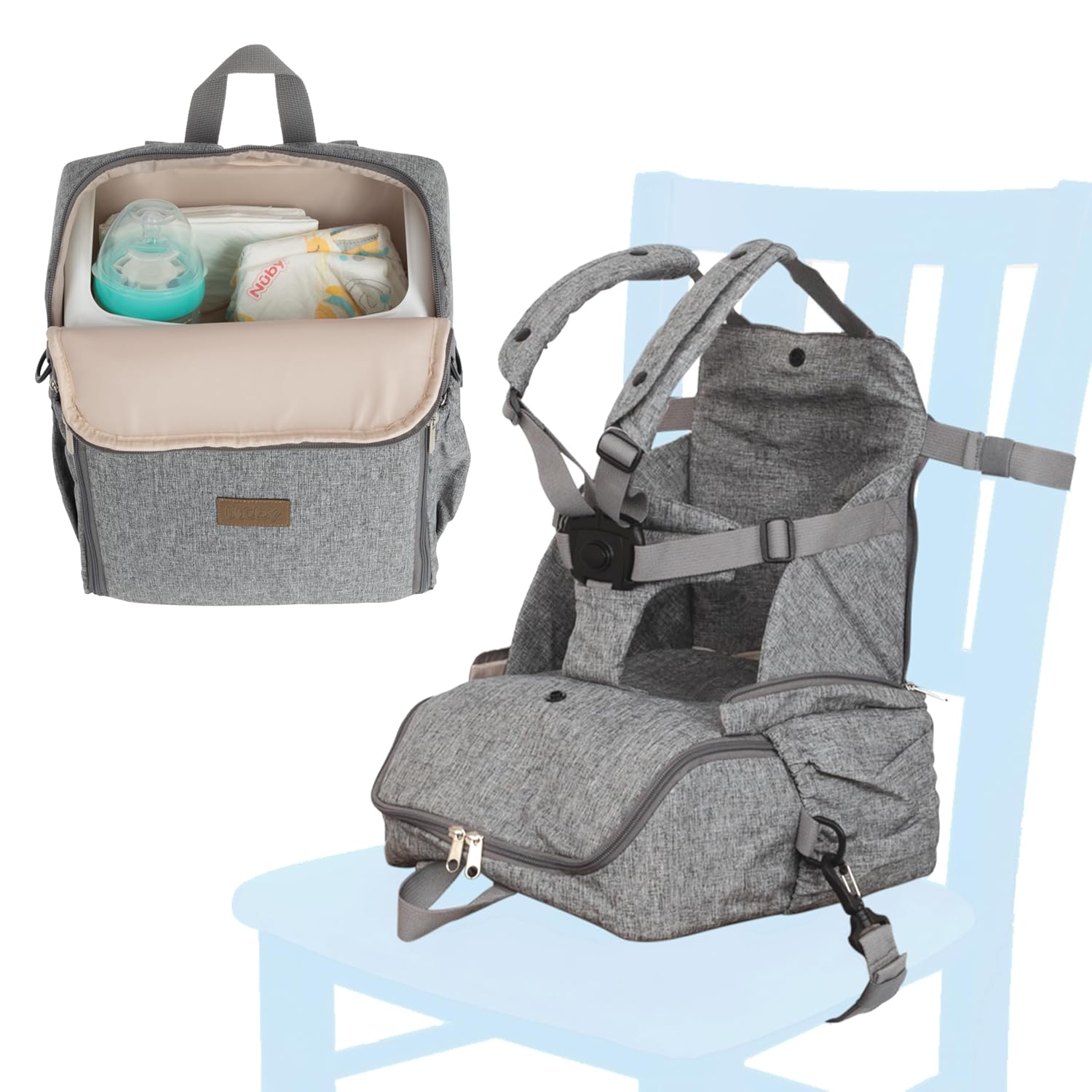 Nuby Easy Go 2-in-1 Backpack Booster Seat with 5-Point Safety Harness – Portable Travel Highchair – Holds Up to 55 lbs – 9+ Months – Gray