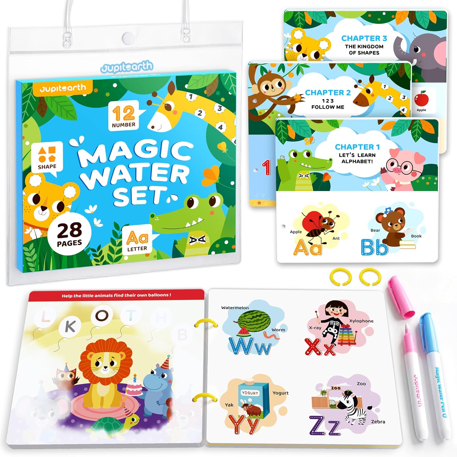 JUPITEARTH 3-in-1 Pack Mess Free Coloring Book Set,Reusable Water Painting Book with 2 Refillable Water Pens 28 Pages, Educational Activity Toys for Toddlers