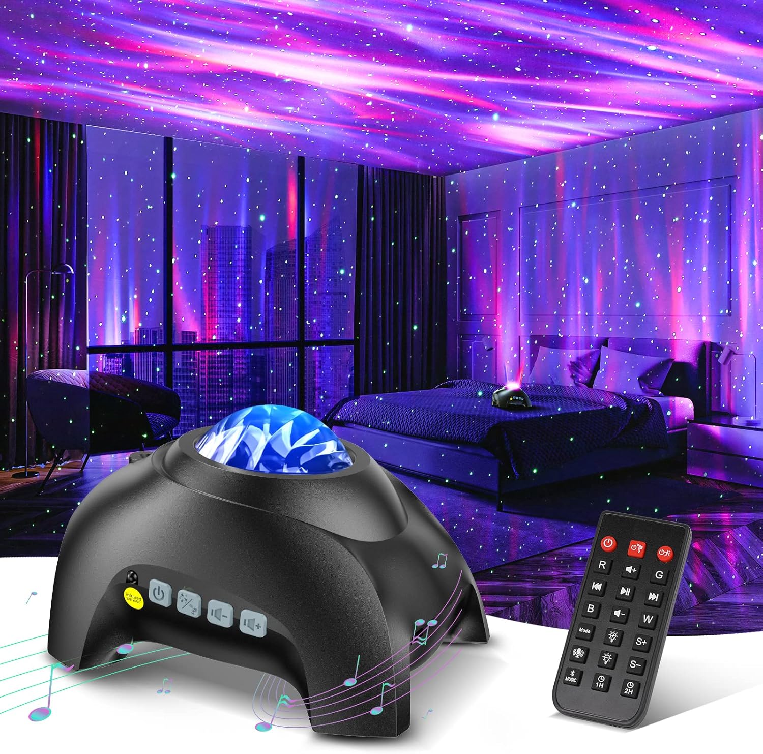 Northern Galaxy Light Aurora Projector with 33 Light Effects, Night Lights LED Star Projector for Bedroom Nebula Lamp, Remote Control, White Noises, Bluetooth Speaker for Parties Black