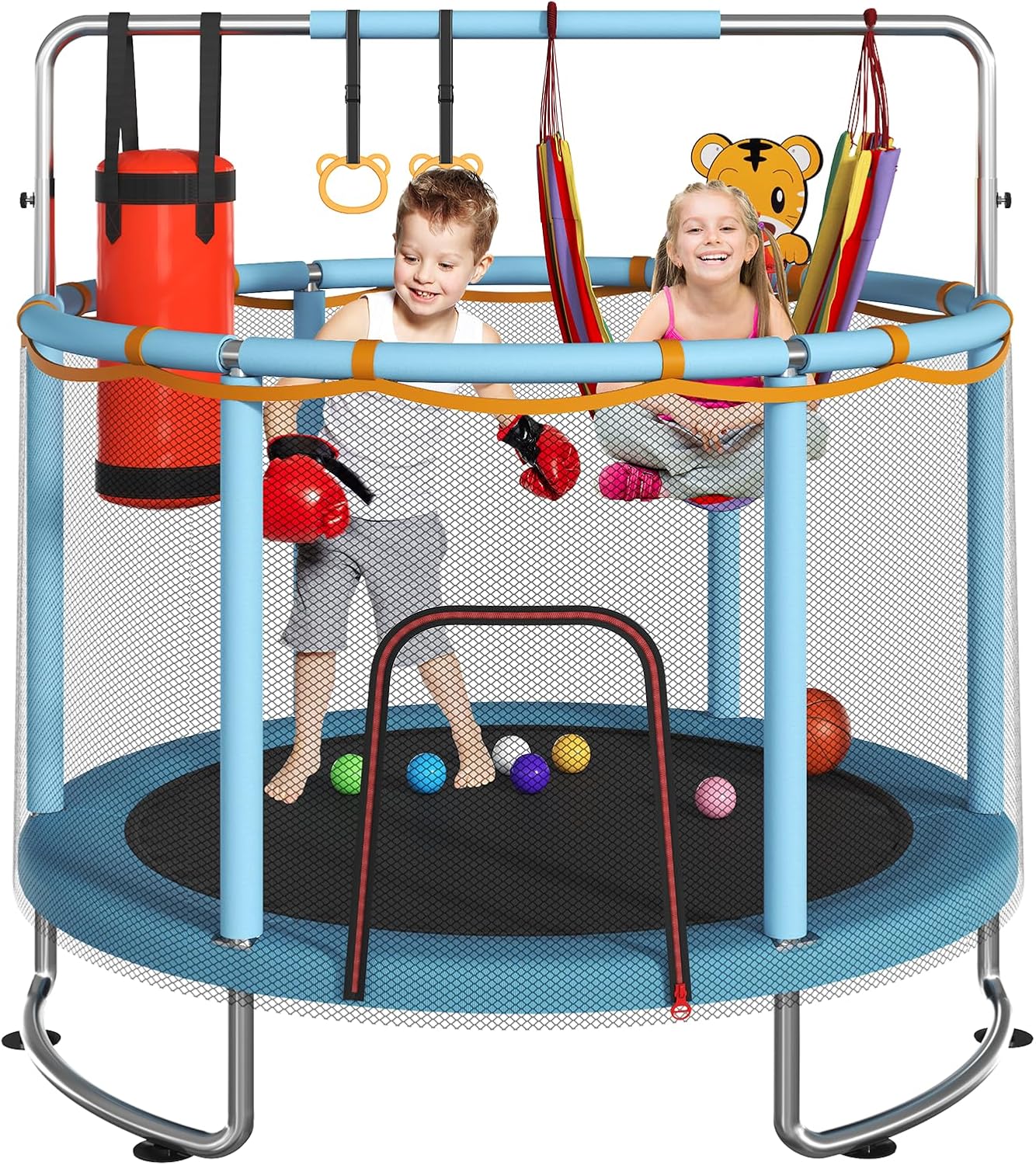 Trampoline for Kids, Upgrade Full Anti-Rust 440lbsToddler Trampoline with Net,Upgraded Ring Legs with Adjustable Gymnastics Bar&Toys, Gifts for Ages 1-8 Boys&Girls