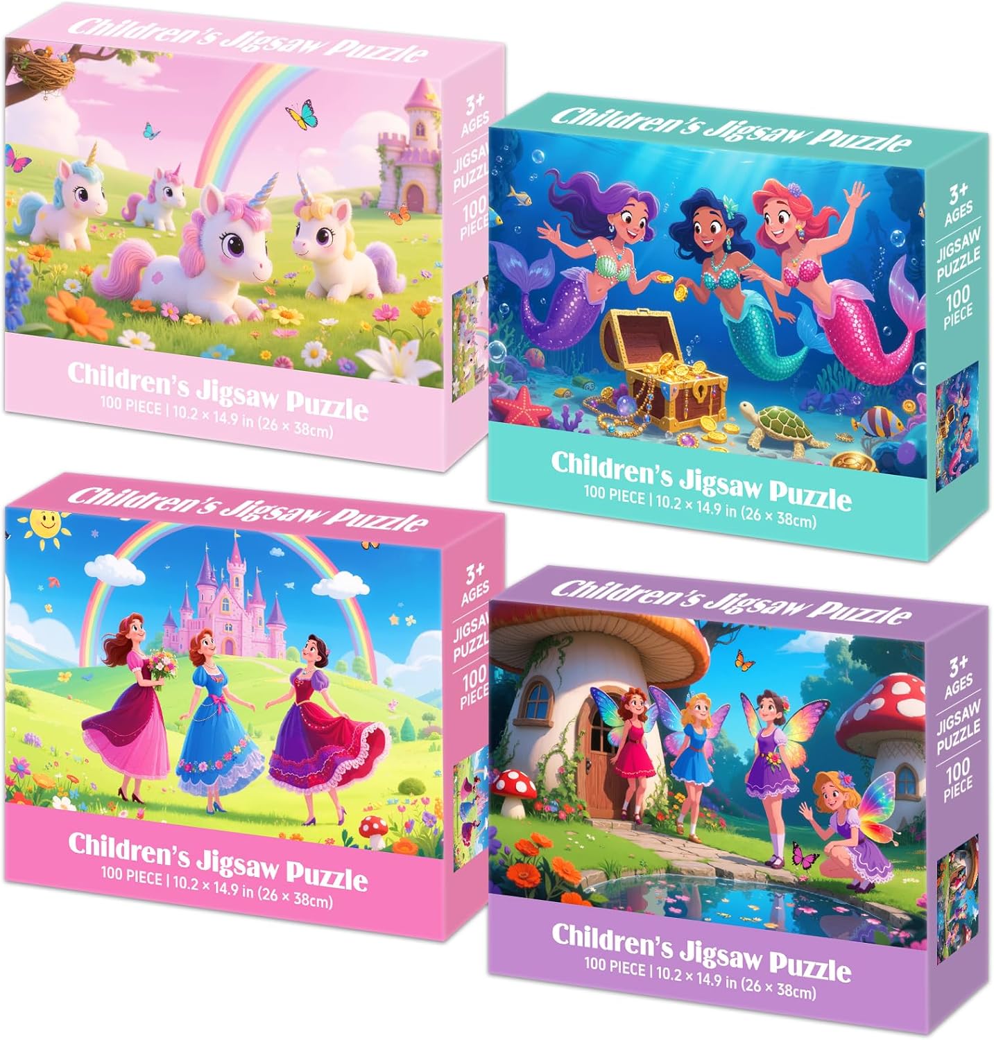100 Piece Puzzles for Kids Ages 4-6 6-8 8-10, Unicorn Mermaid Fairy Princess Jigsaw Puzzles 100 Pieces Kids Puzzles Ages 3-5 4-6 5-8, Educational Learning Toys Gifts for Girls Boys 4-Pack 15″x10″