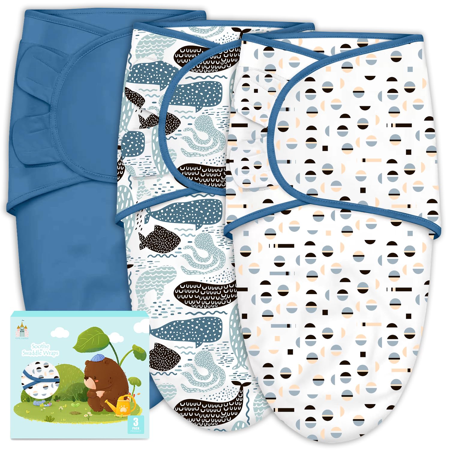 Cute Castle 3-Pack Baby Swaddle Sleep Sacks – Newborn Swaddle Sack – Ergonomic Baby Swaddles Blanket Warp for Boys and Girls – Baby Essentials (0-3 Months – Blue)