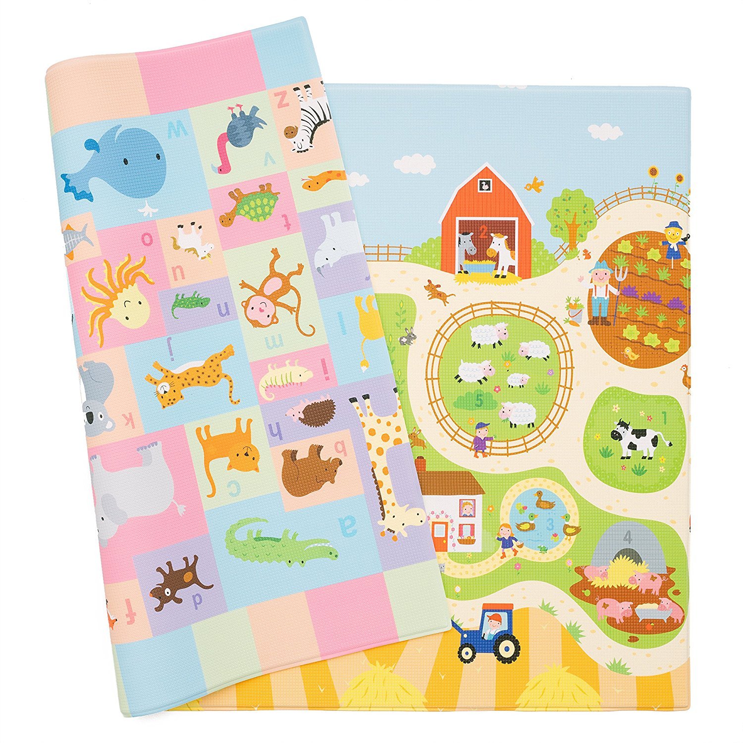 Baby Care Play Mat (Medium, Playful – Busy Farm) 73’’ x 49’’ Original One-Piece Reversible Rollable Waterproof Play Mat for Infants, Babies, Toddler, and Kids