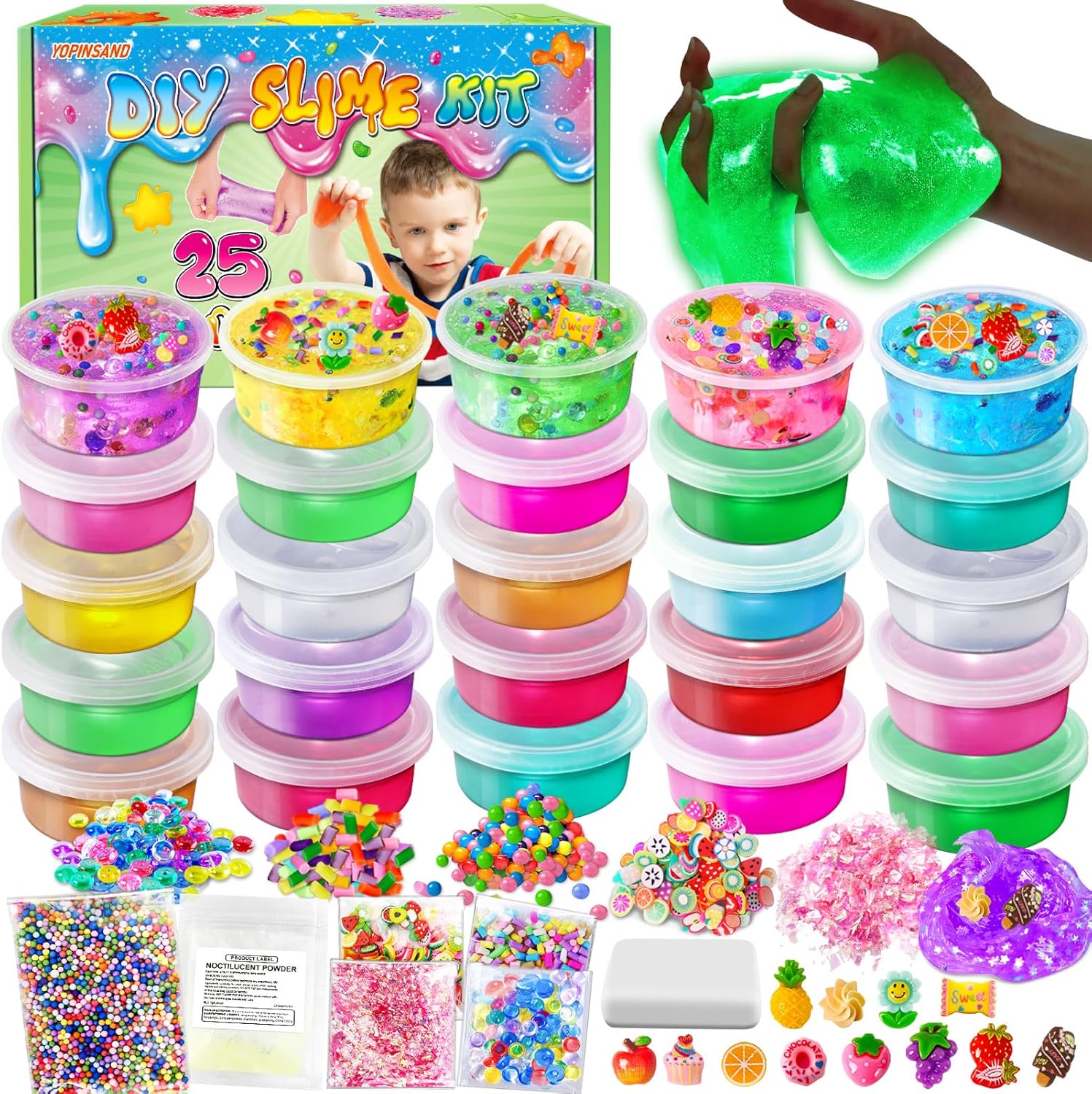 25 Cups DIY Slime Kit, Slime Making Kit for Girls, Crystal Clear Slime, Glow in The Dark Slime with Add-ins, Foam Balls, Charms, Slime Party Favors Gift Toys for Kids 3-12