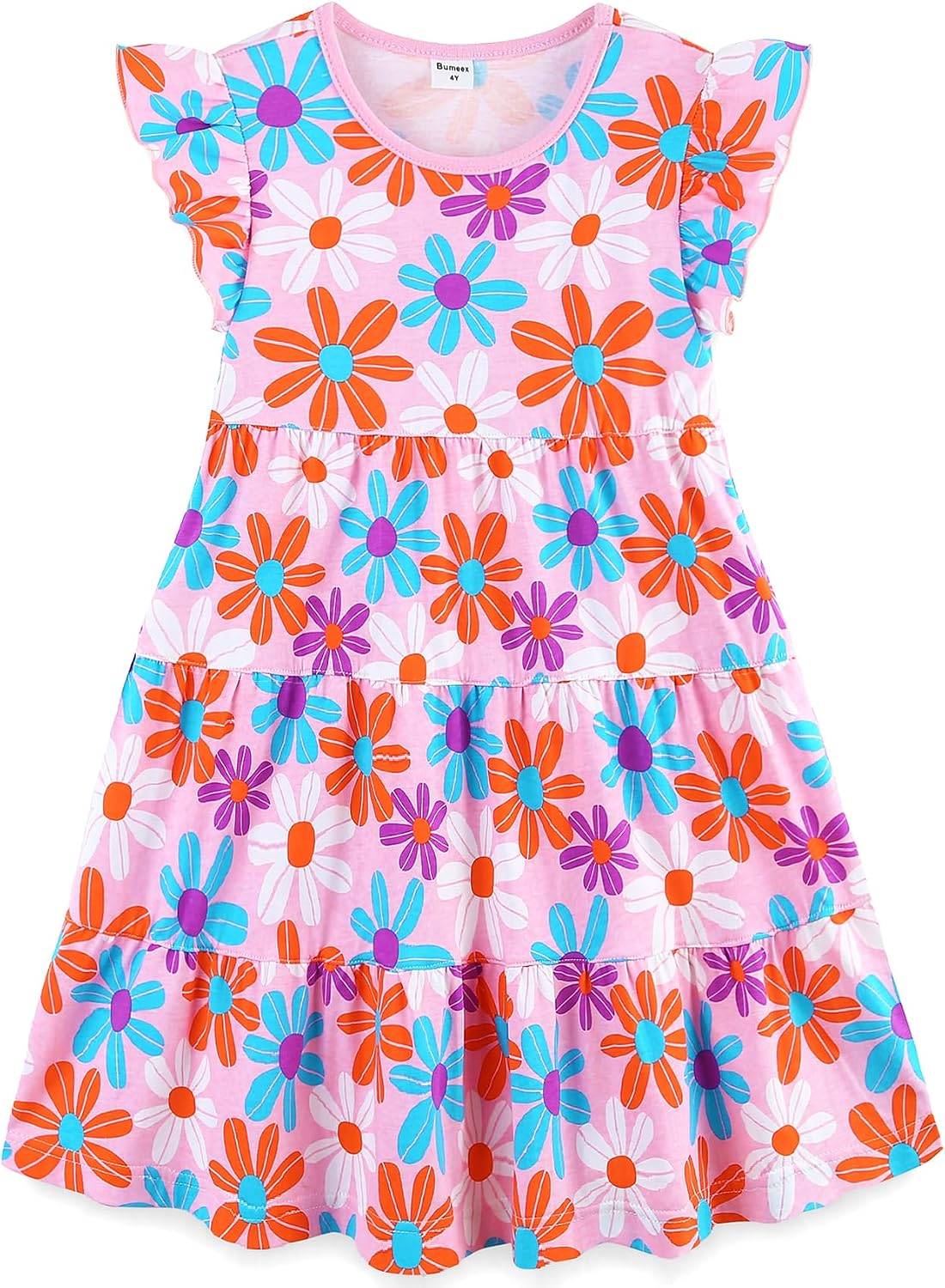 Bumeex Girl’s Dresses Cotton Ruffle Sleeve Tiered Swing A-Line Cute Midi Casual Sundress
