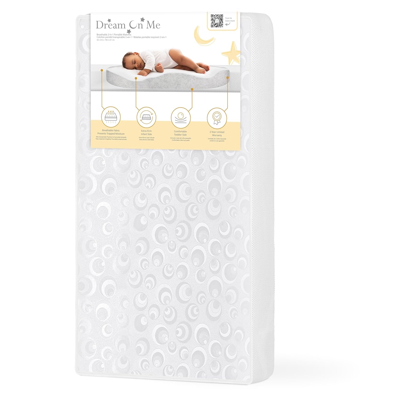 Dream On Me 2-in-1 Breathable Two-Sided 3″ Portable Mini Crib Mattress, Greenguard Gold Certified, Vinyl and Breathable Fabric, White