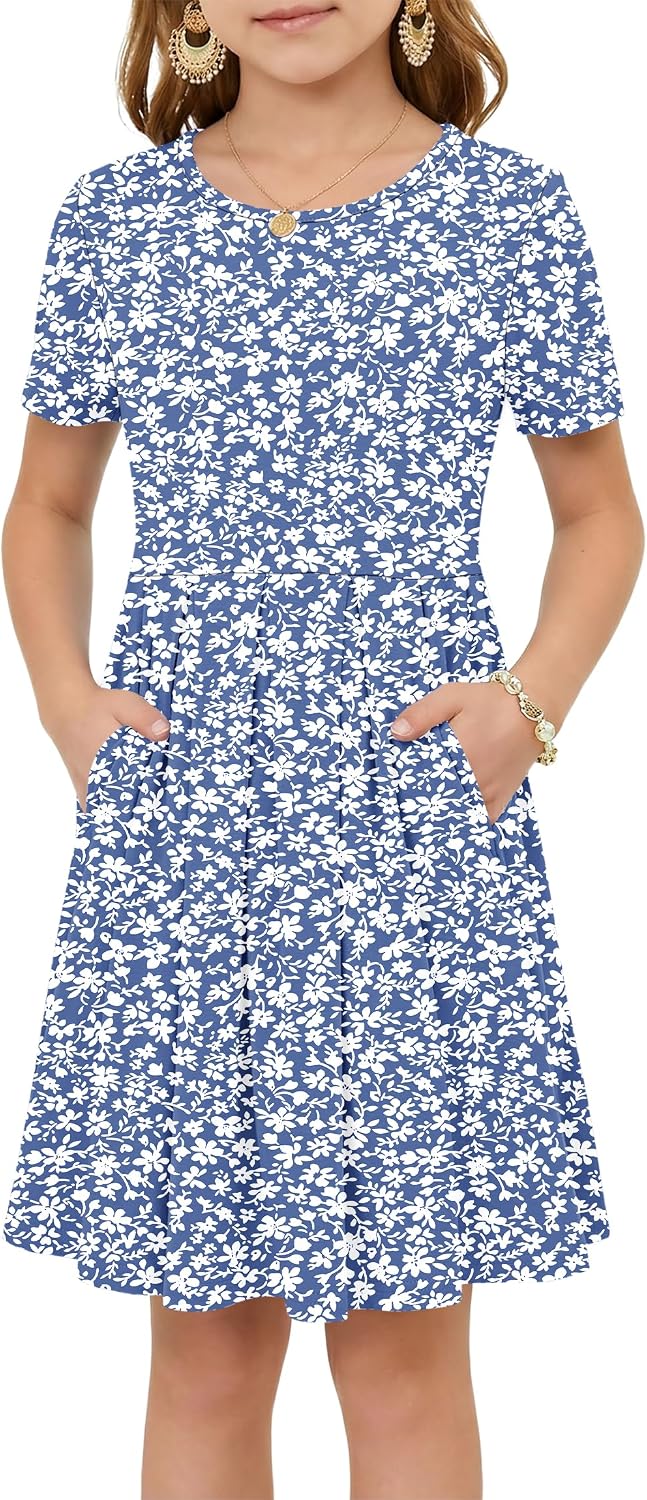 Girls Summer Short Sleeve Dress Kids Casual Crew Neck Pleated Loose A Line Swing Knee Length Cute Dress with Pockets
