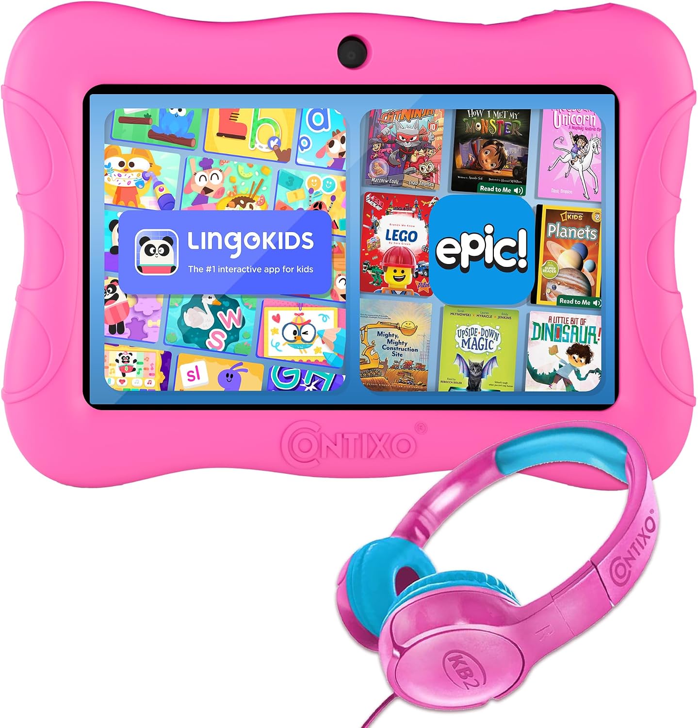 Contixo 7 inch Kids Tablet Bundle – Ages 3-7, Android Tablet and Kids Headphones, Toddler Tablet with 14+ Games and Educational Apps, 32GB ROM, Android 11, Learning Tablet for Kids – Pink