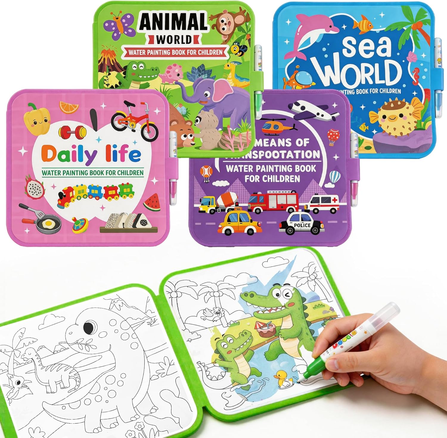 SAMZX Reusable Water Coloring Books for Toddlers 1-3, 4 Pack Magic Water Painting Book for Mess-Free Coloring, Travel Activity Toys & Educational Learning Kits Gifts for Kids Boys Girls Ages 3+