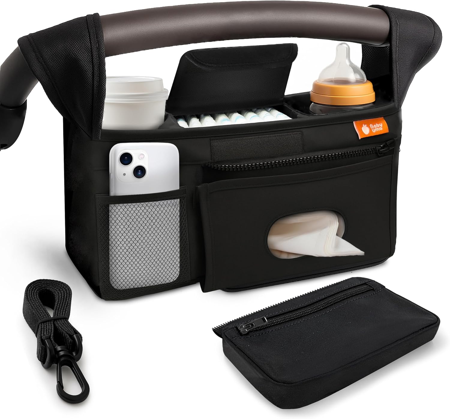 Baby Uma Universal Stroller Organizer Bag – Stroller Caddy Organizer with XL Insulated Cup Holder (x2), Phone Holder, Wipes Dispenser, Zip-Off Wrist Bag & Clip-On Shoulder Strap, Baby Travel Gear
