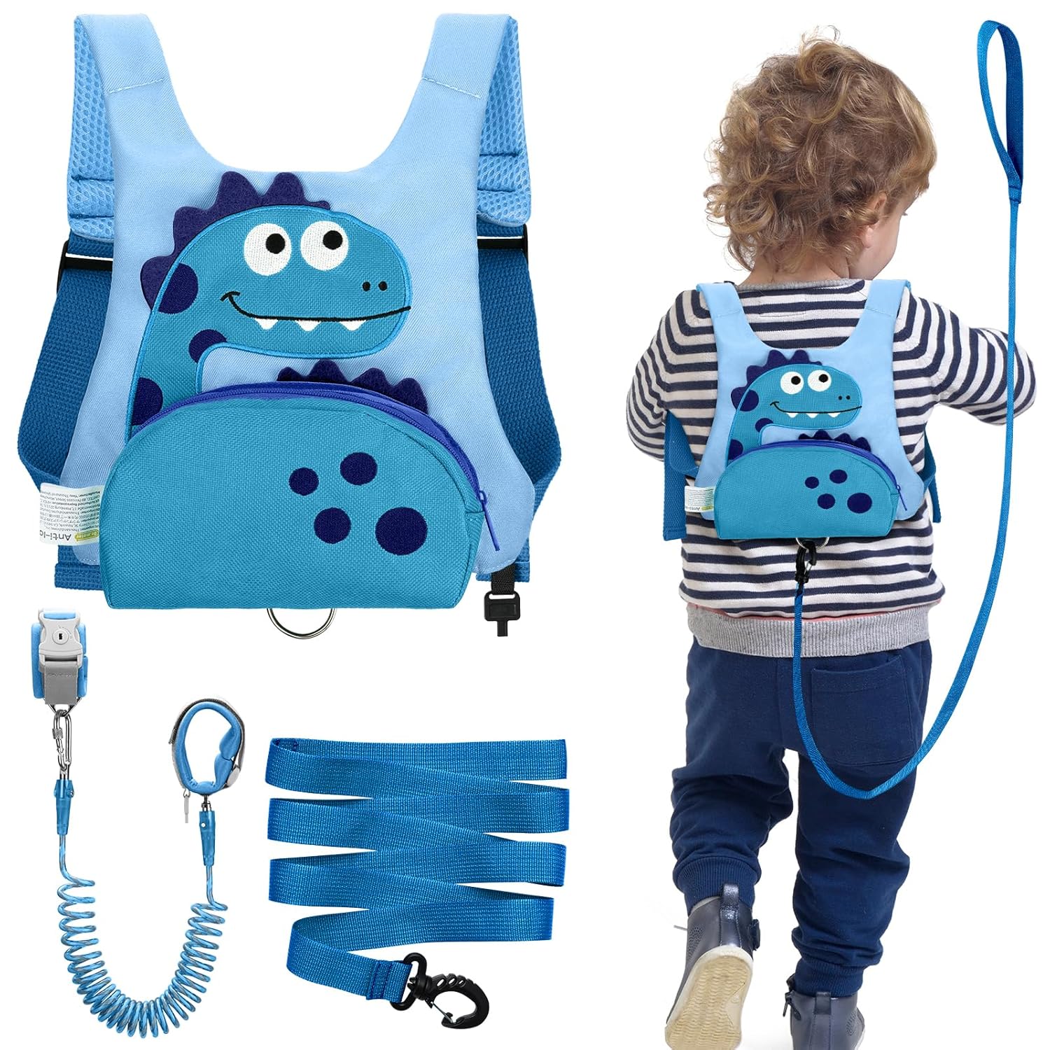 Dr.meter 3 in 1 Toddler Harness Leash + 8.2ft Anti Lost Wrist Link, Cute Dinosaur Kids Safety Harness with Key Lock, Child Walking Harness Assistant Strap for Outdoor Activity Travel