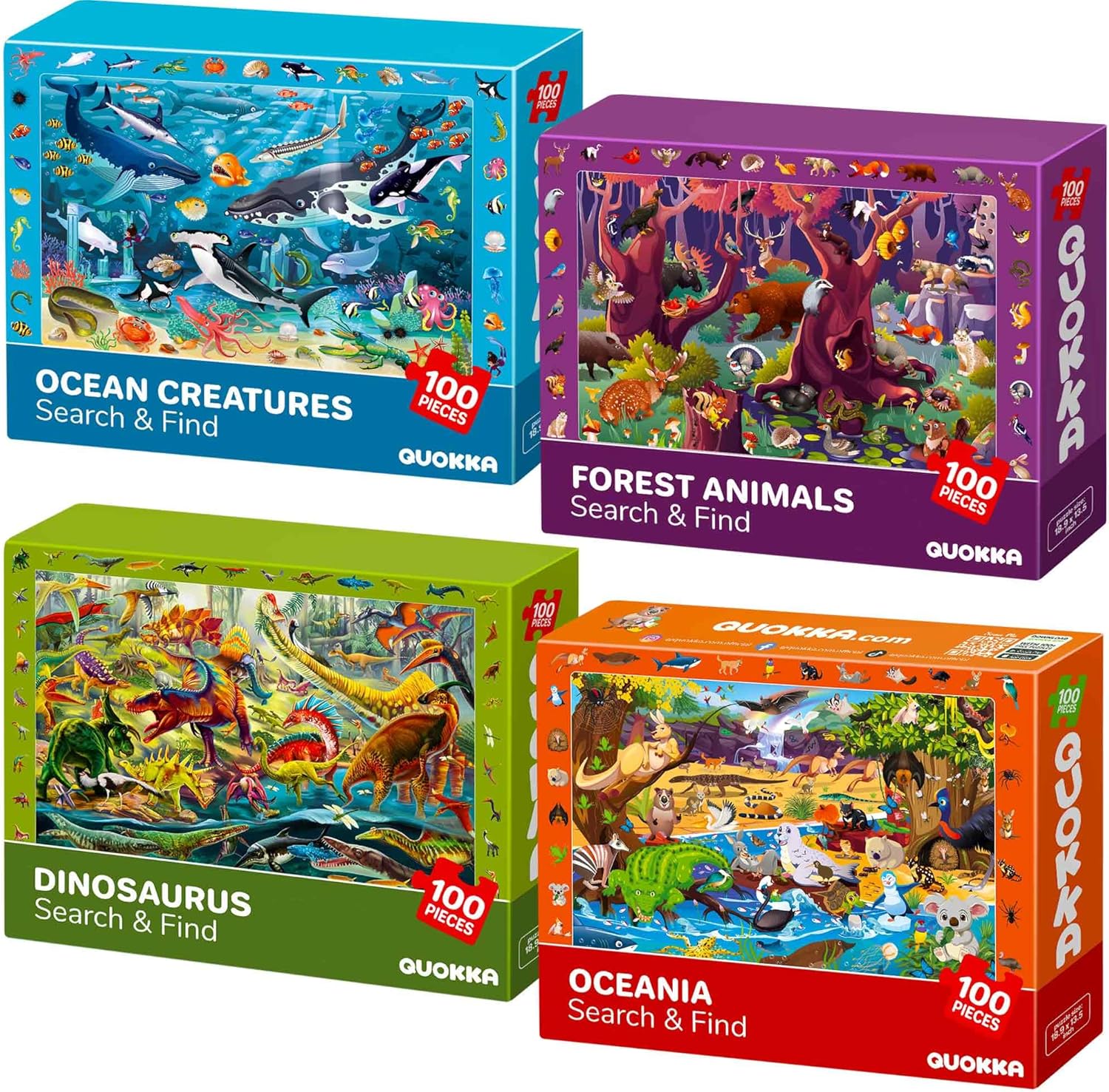 QUOKKA 100 Piece Puzzles for Kids Ages 4-6 – 4 Jigsaw Puzzles for Kids Ages 6-8 – Search and Find Game with Animals, Dinosaurs for Childrens 5-8 – Learning Educational Toys for Boys and Girls 8-10