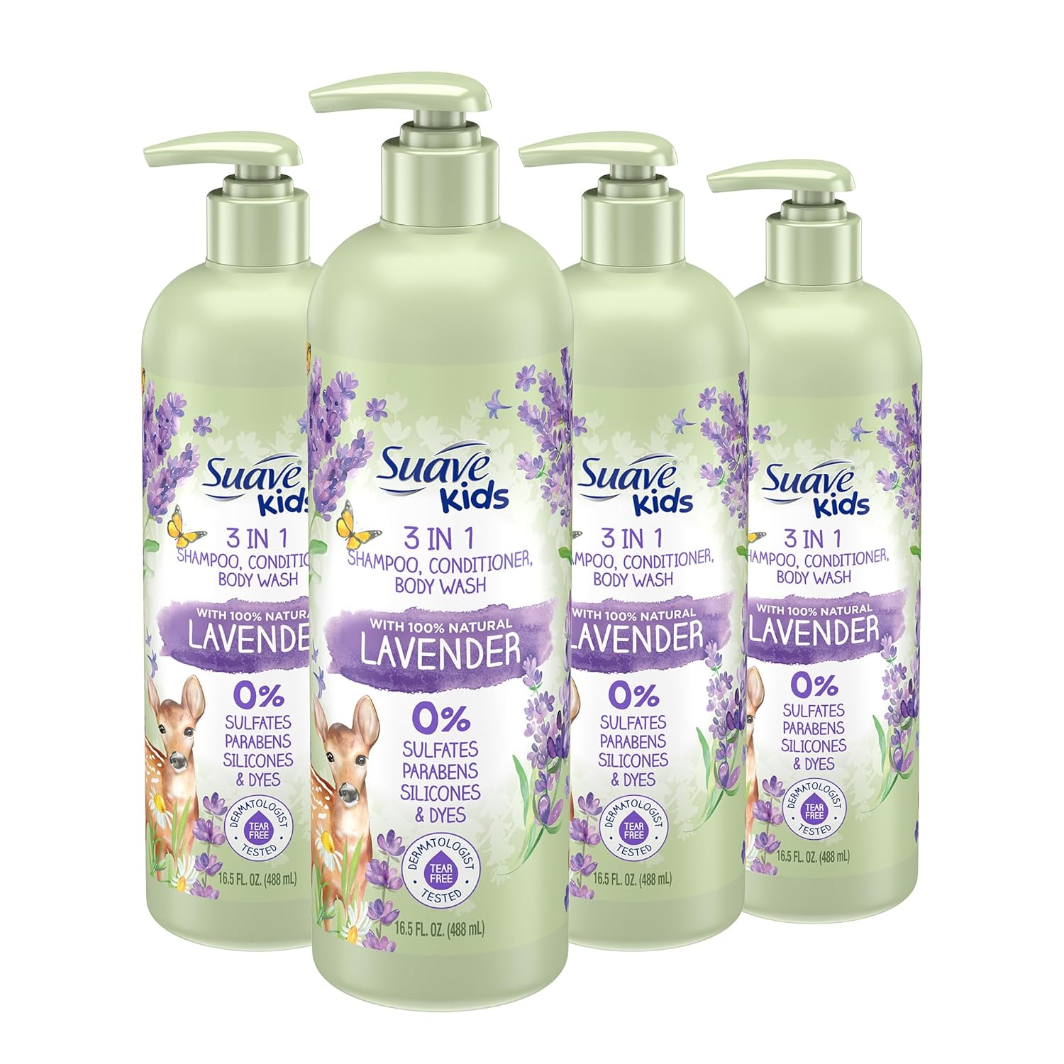 Suave Kids Natural Lavender Oil 3-in-1 Tear Free Body Wash, Shampoo and Conditioner, No Sulfates, Parabens, Silicones or Dyes, Kids Shampoo and Conditioner plus Body Wash, 16.5 oz Pack of 4