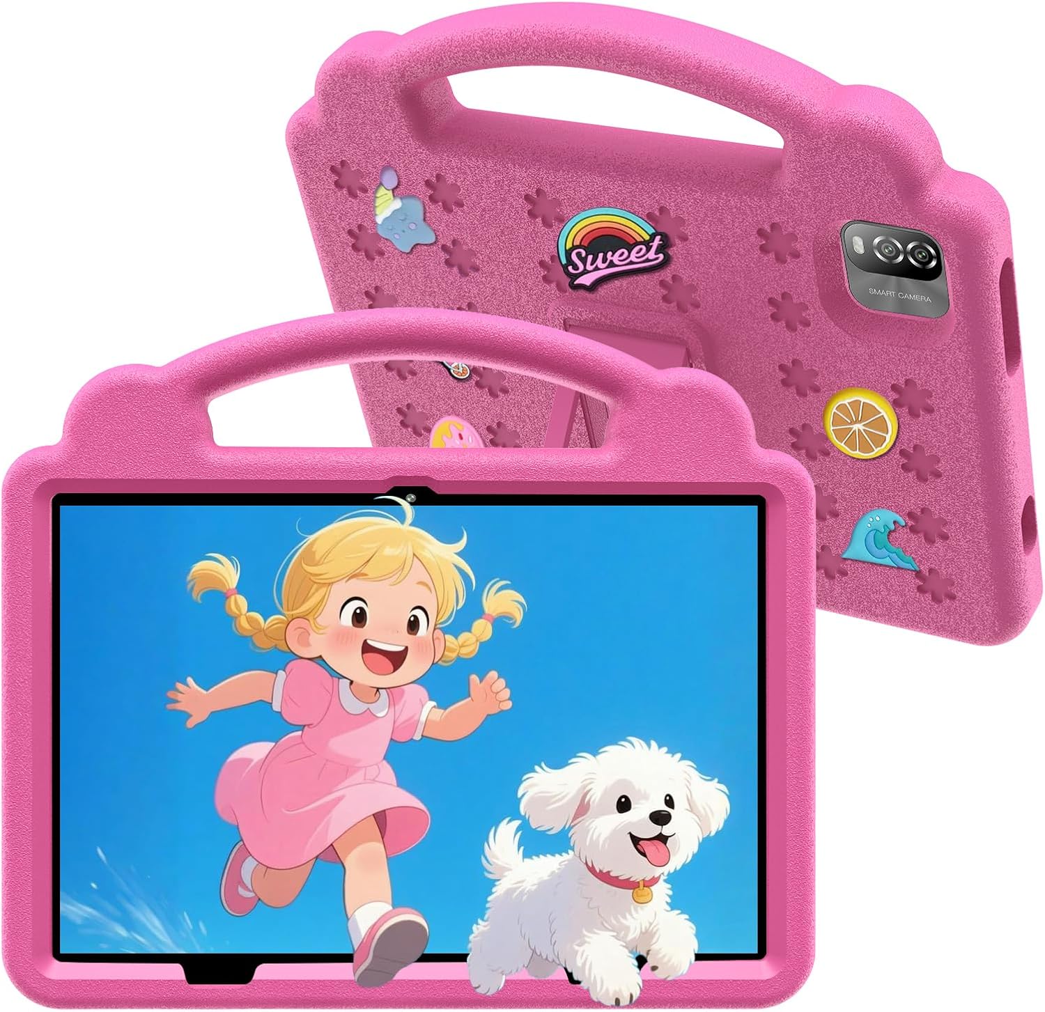 10 Inch Kids Tablet with Handle Case,Android 15 Tablets for Age 3-12,64GB Educational Pad,Parental Control,5G WIFI6,Dual Camera,6000mAh,Bluetooth (Pink)