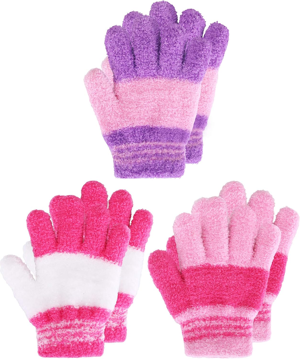 EBOOT 3 Pairs Winter Knit Gloves for Kids Stretchy Full Finger Fluffy Mittens for Toddler Boys Girls 1-11 Years