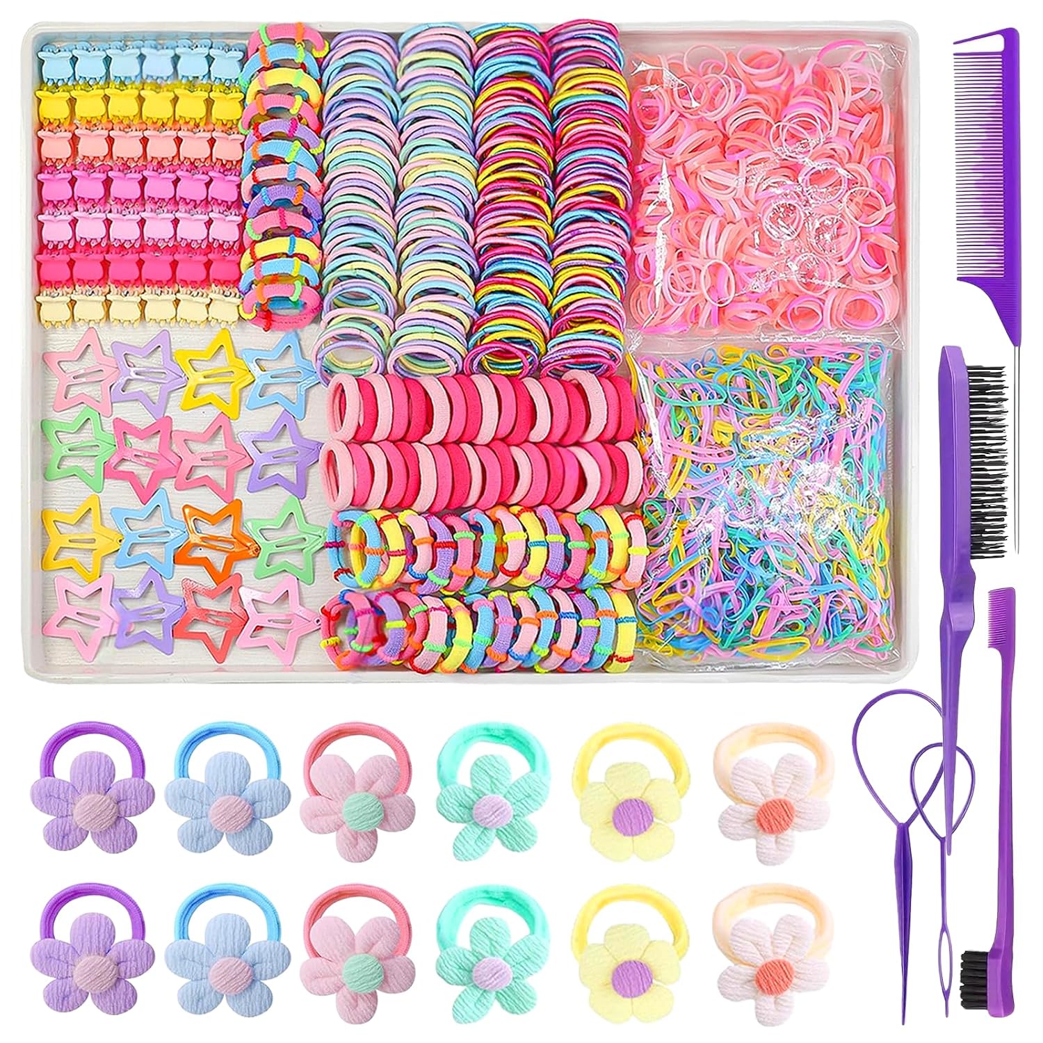889 pcs Cute Girls Hair Ties Set Colorful Elastic Hair Bands Toddler Hair Accessories for Girls with 12 pcs Flower Hair Ties
