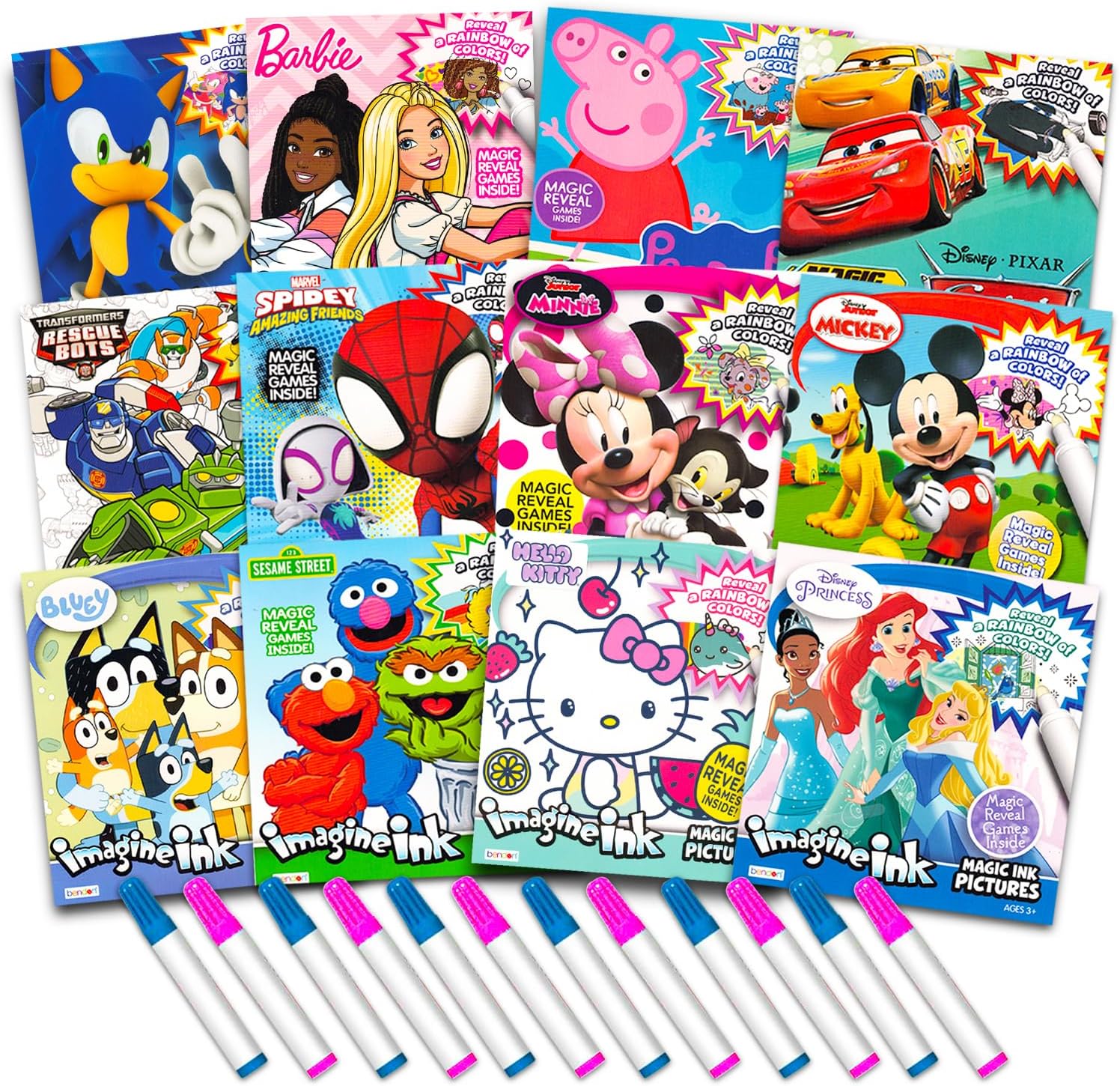 12 Mess Free Imagine Ink Coloring Book Set for Kids – Bulk Bundle with 12 No Mess Coloring Books (Sonic, Bluey, Mickey, Minnie, Spidey, Peppa Pig)