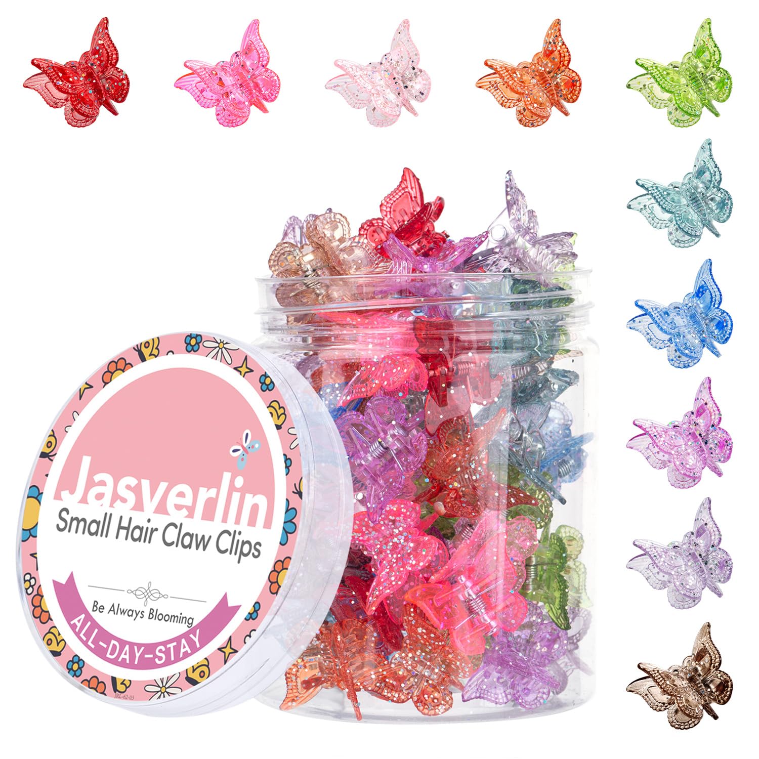 JASVERLIN Glitter Mini Butterfly Hair Claw Clips, Sparkly Colorful Hair Accessories for Girls and Women – 90s Y2K Cute, Small, Tiny Clip in 10 Assorted Colors, Set of 50 (Glitter)