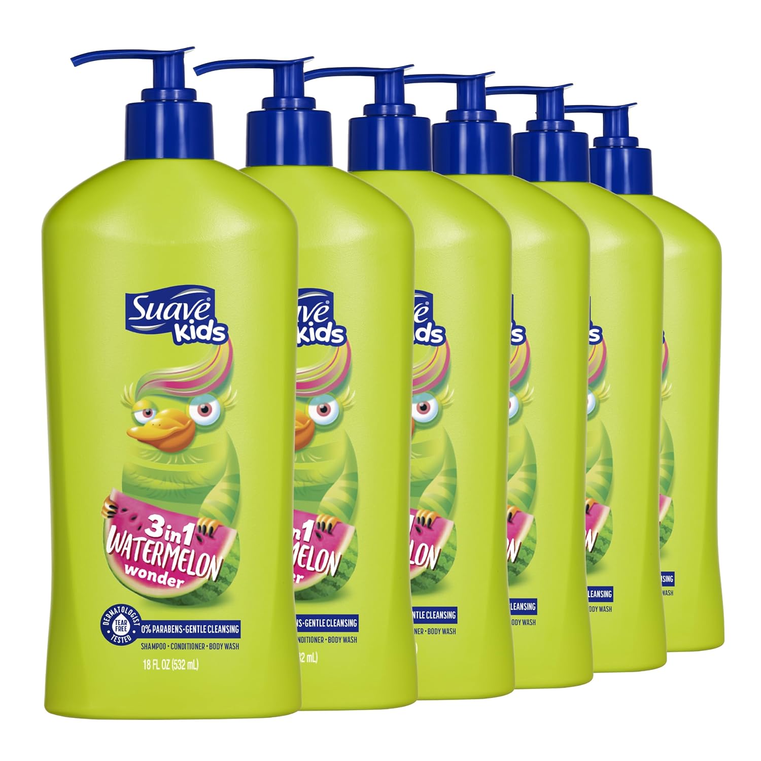 Suave Kids 3-in-1 Tear Free, Body Wash, Shampoo and Conditioners, Dermartologist Tested, Watermelon Wonder, 18 Oz Pack of 6