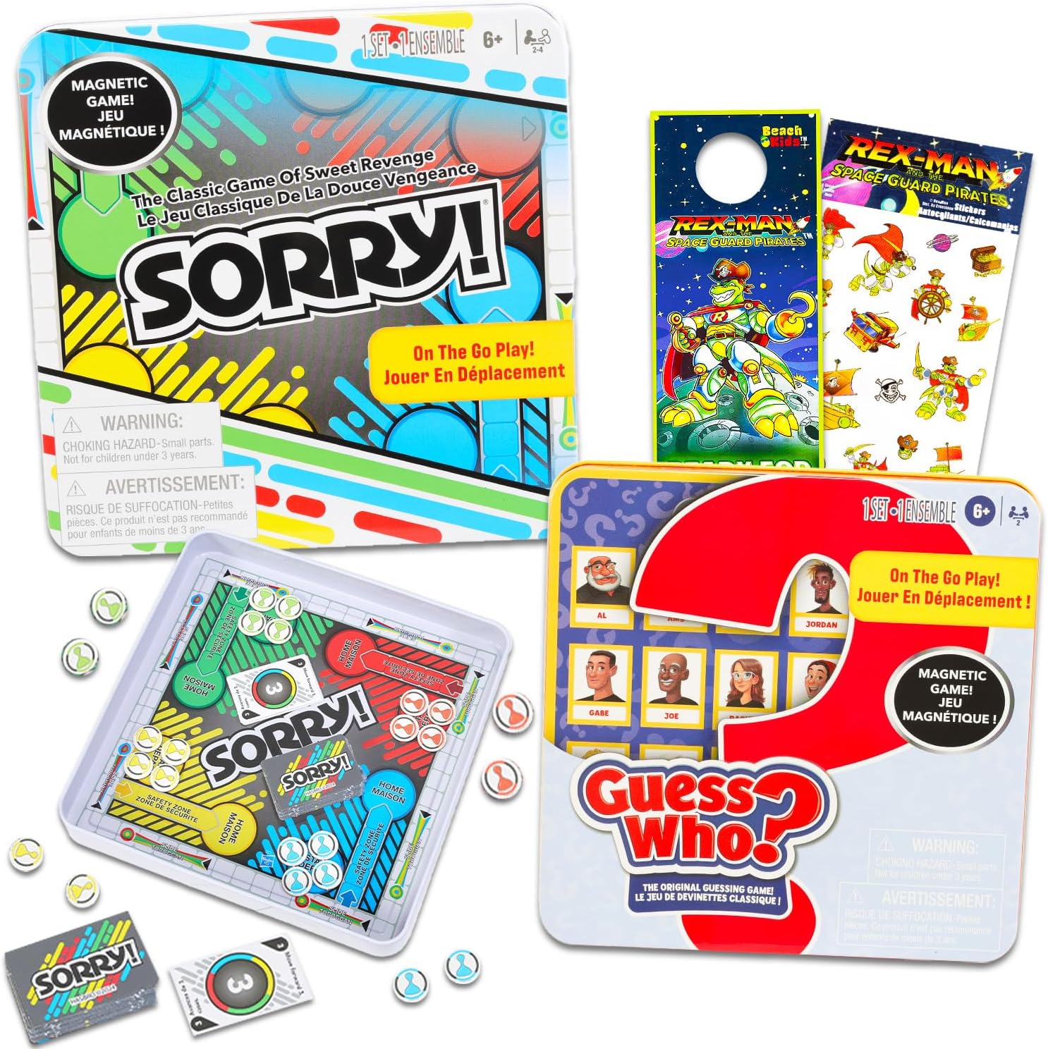 Magnetic Game Travel Set for Kids – Bundle with 2 Travel Games in Tin Featuring Sorry, Guess Who Plus Stickers, More | Hasbro Travel Games for Kids 8-12