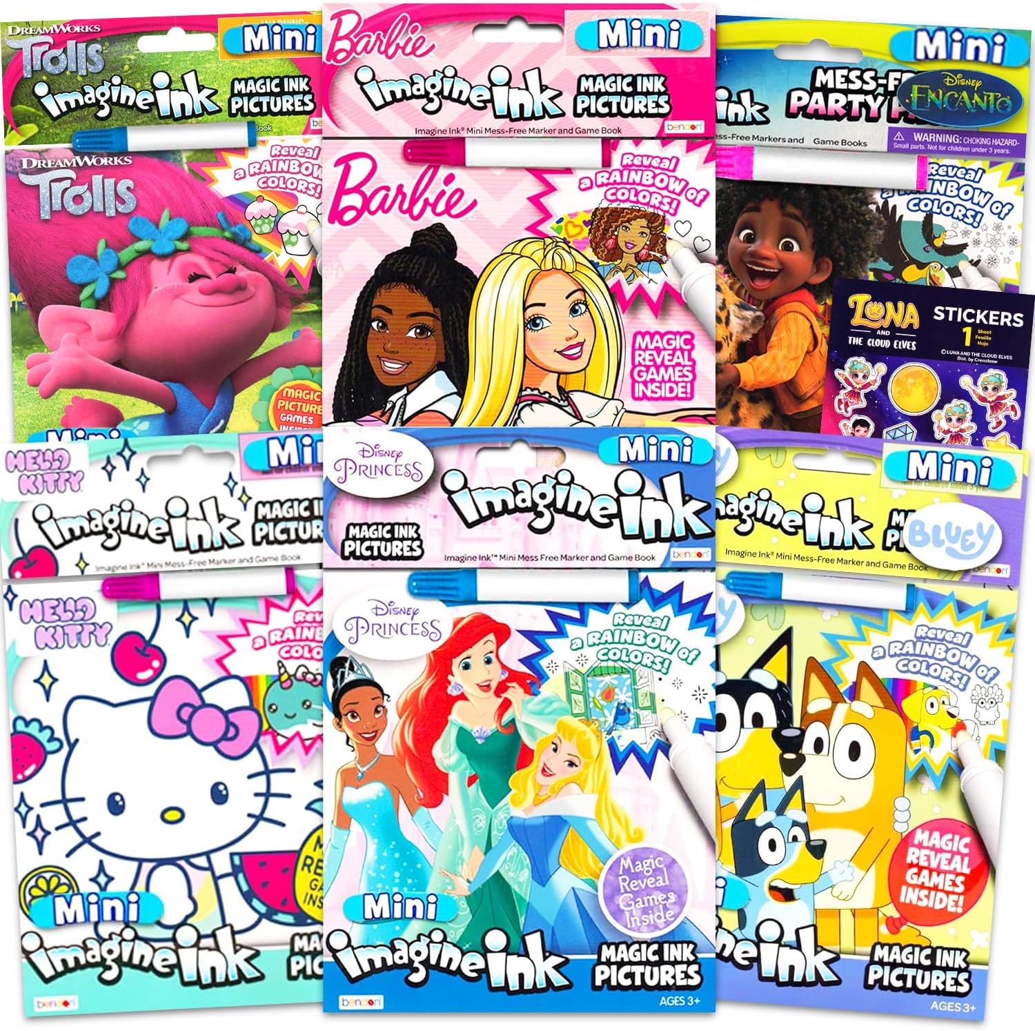 Imagine Ink Coloring Book Set – Bundle of 6 No-Mess Books Featuring Disney Princesses, Hello Kitty, Bluey, and More | Girl Mess Free Coloring Bulk