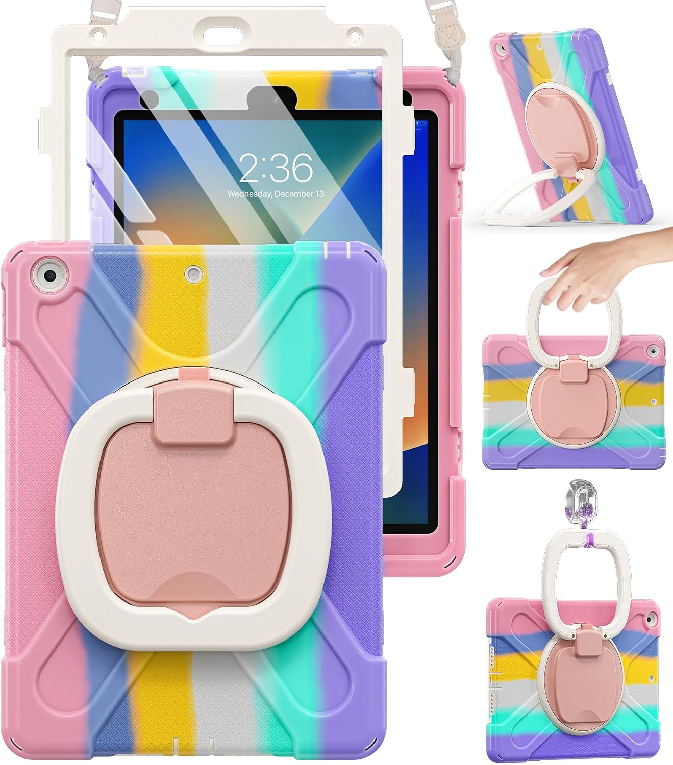 BRAECN Kids Case for iPad 9th 8th 7th Generation 10.2 2021 2020 2019, Shockproof Silicone Case with Screen Protector, Pencil/Pencil Cap Holder, Shoulder Strap, Handle Grip, Kickstand-Colorful Pink