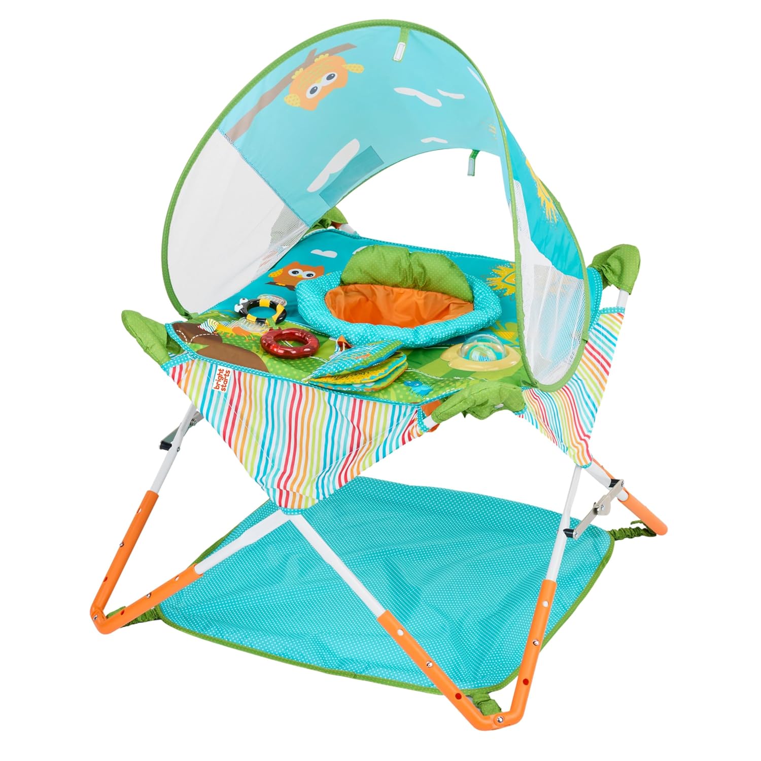 Bright Starts Pop ‘N Jump Portable Baby Jumper, Foldable Indoor/Outdoor Baby Jumper with Owl Forest Sensory Activities, Ages 6–12 Months