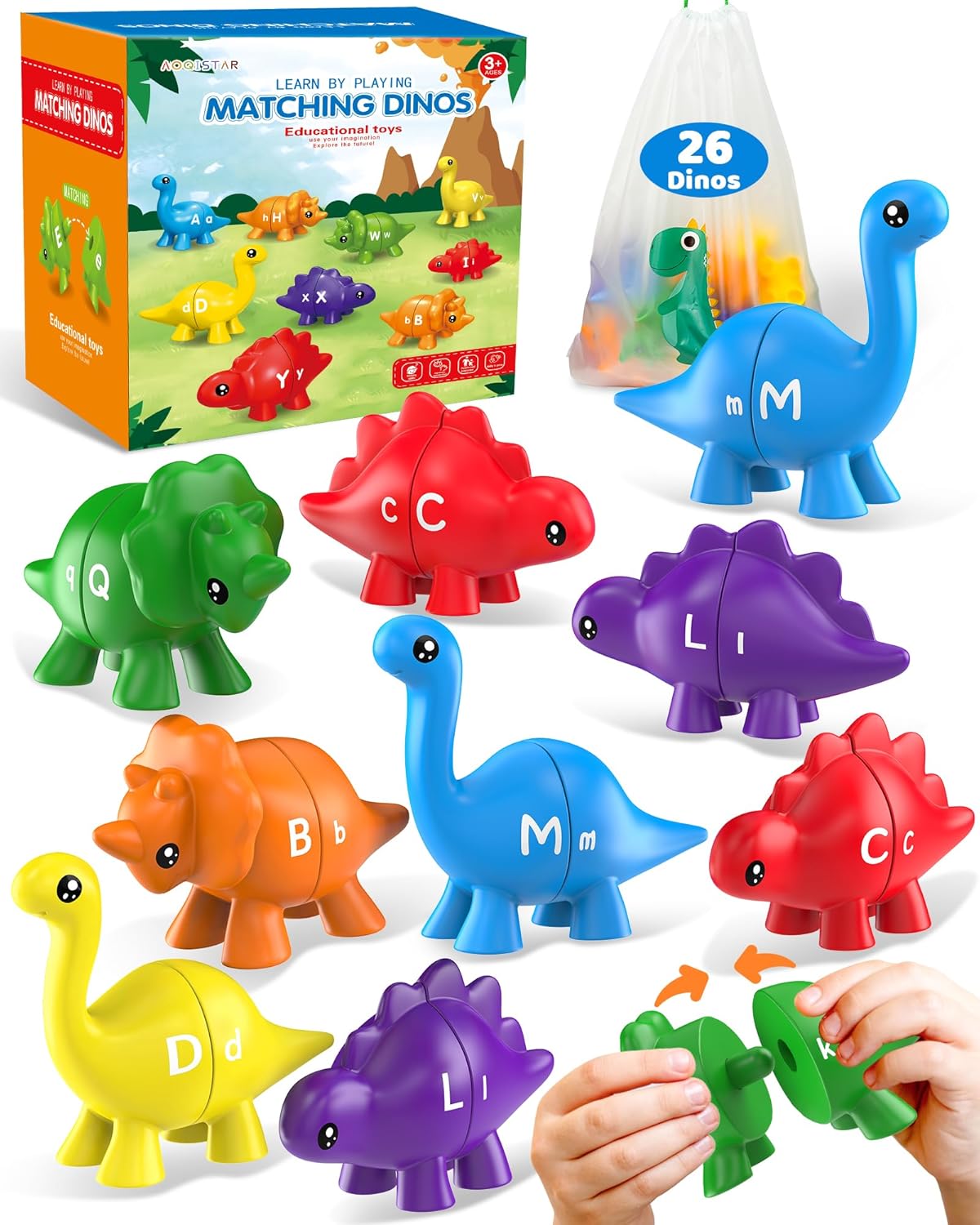 Walenty 26PCS Dinosaur Alphabet Learning Toys for Toddlers Kids 3-5, Montessori Educational Toys Gifts for 3 4 5 Year Old Boy Girl, Preschool Toddler Travel Activities, Double Sided ABC Matching Game