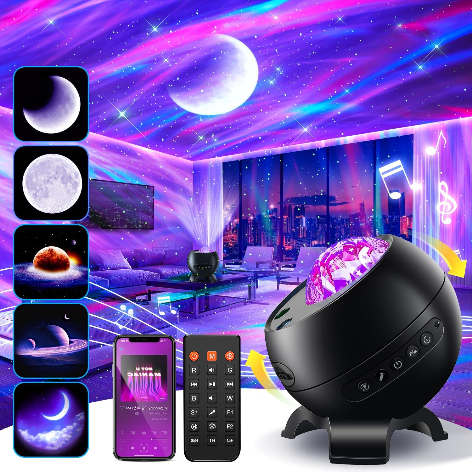 Galaxy Projector Night Light with 375 Effects, 15 Sounds, Speaker & Gift | Aurora Light, 15 Sleep Sounds, Adjustable Light Modes, Table Lamp, Speaker, Memory Function, Gift For All Ages