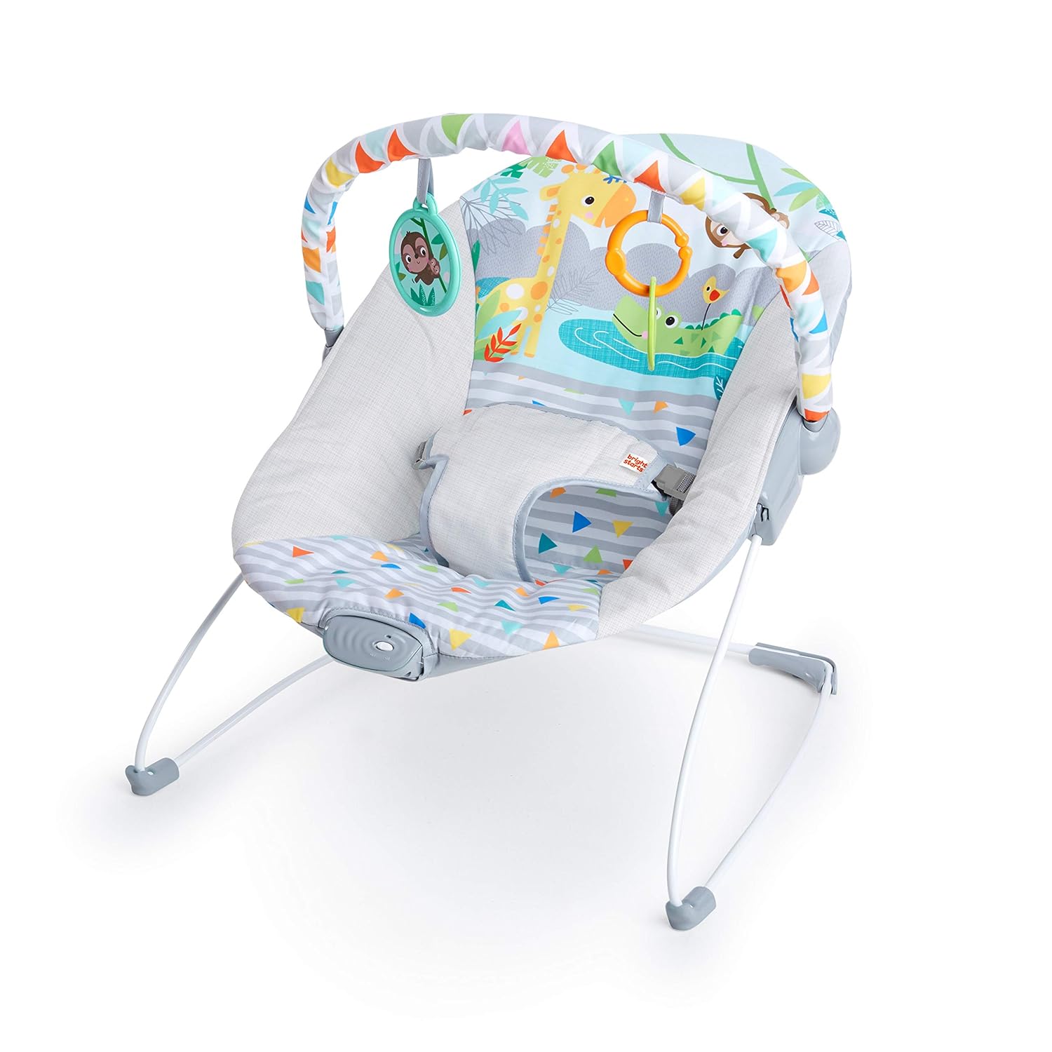 Bright Starts Baby Bouncer Soothing Vibrations Infant Seat – Removable -Toy Bar, Nonslip Feet, 0-6 Months Up to 20 lbs (Safari Fun)