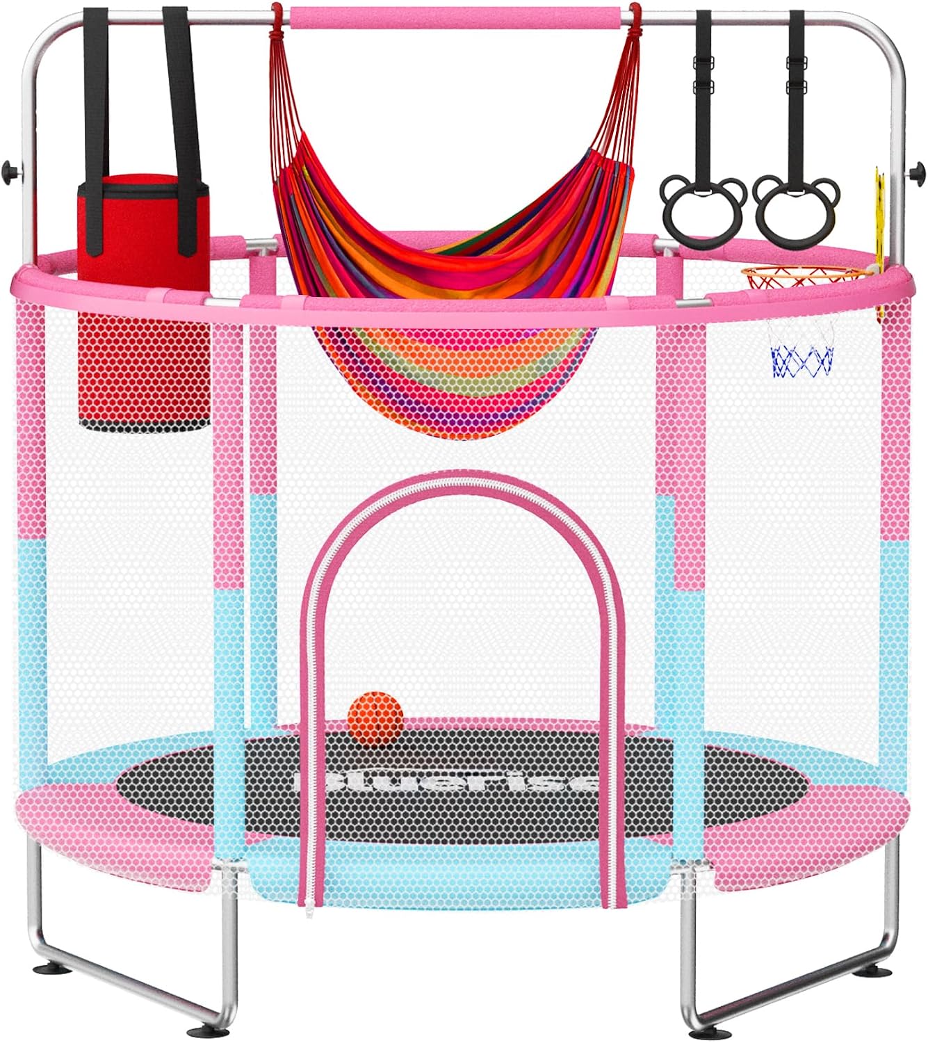 BLUERISE 55IN 6FT Toddler Trampoline for Kids Indoor Outdoor Play for Kids Trampoline Basketball Hoop Attachment with Enclosure Net Easy to Assemble