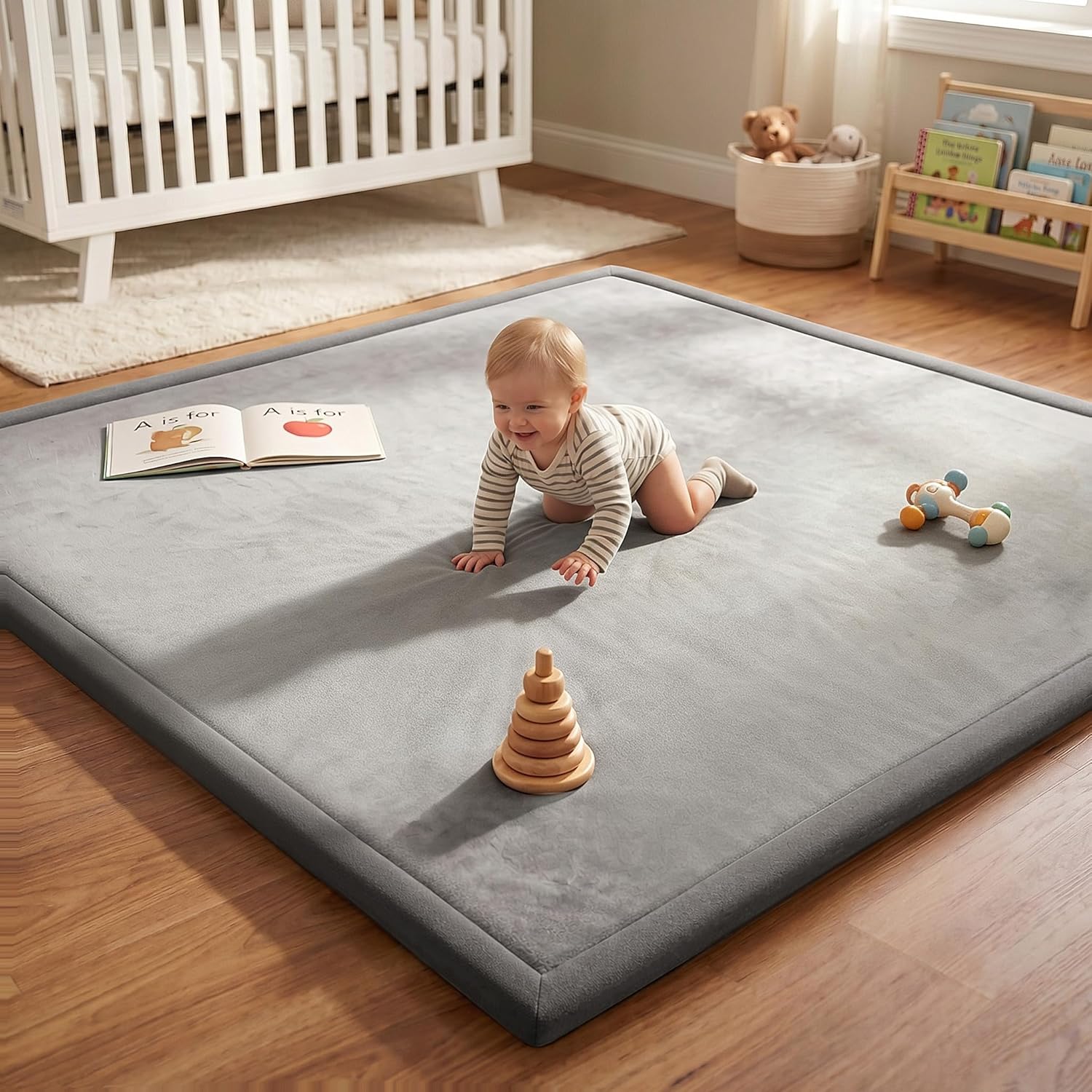 AEOCOO 50×50 Playpen Mat 1.3″ Thick Memory Foam Baby Play Mats for Infants Floor Crawling, Toddlers Tummy Time, CloudSoft Velvet Non Slip Cushion, Play Pen, Living Room, Playroom, Tatami Style, Grey