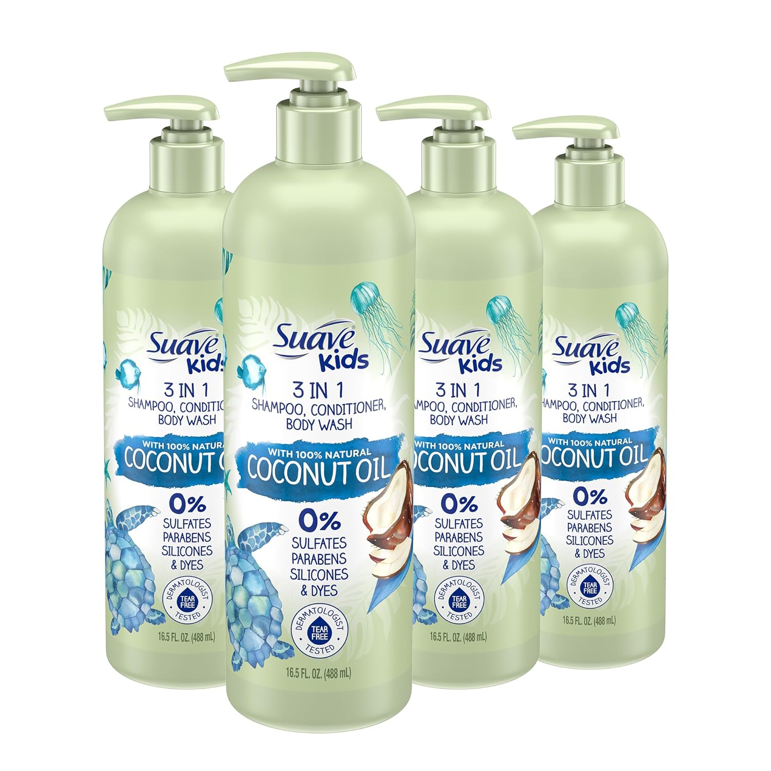 Suave Kids Natural Coconut Oil 3-in-1 Tear Free Body Wash, Shampoo and Conditioner, No Sulfates, Parabens, Silicones or Dyes, Kids Shampoo and Conditioner plus Body Wash, 16.5 oz Pack of 4