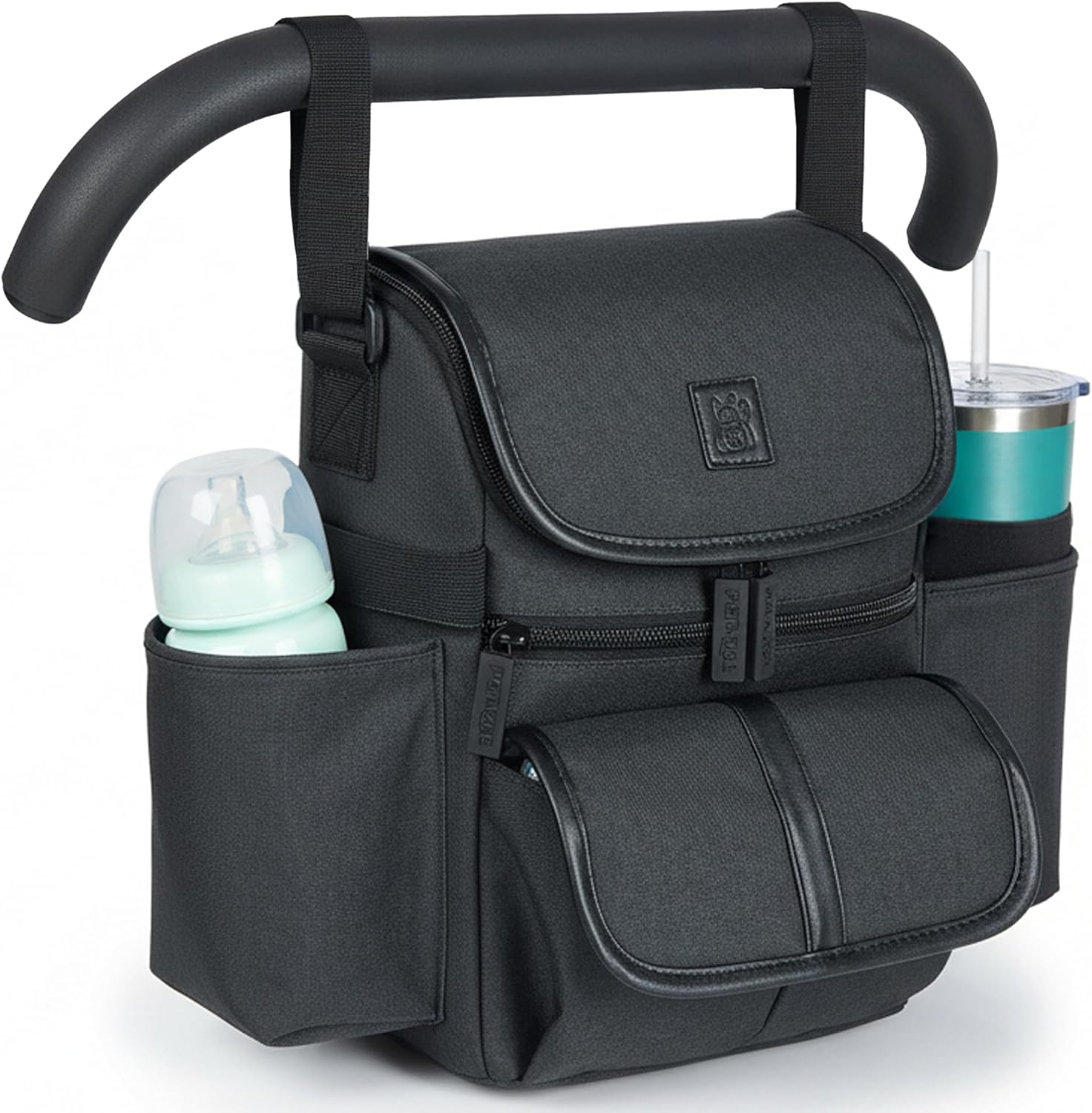 NT·hut Baby Stroller Organizer, Stroller Caddy , 2 Wide Cup Holders & Stability Bottle Straps, Adjustable Shoulder Strap, Fits 11″ Tablet, Magnetic Pocket, YKK Zippers & Mesh Pockets, Waterproof
