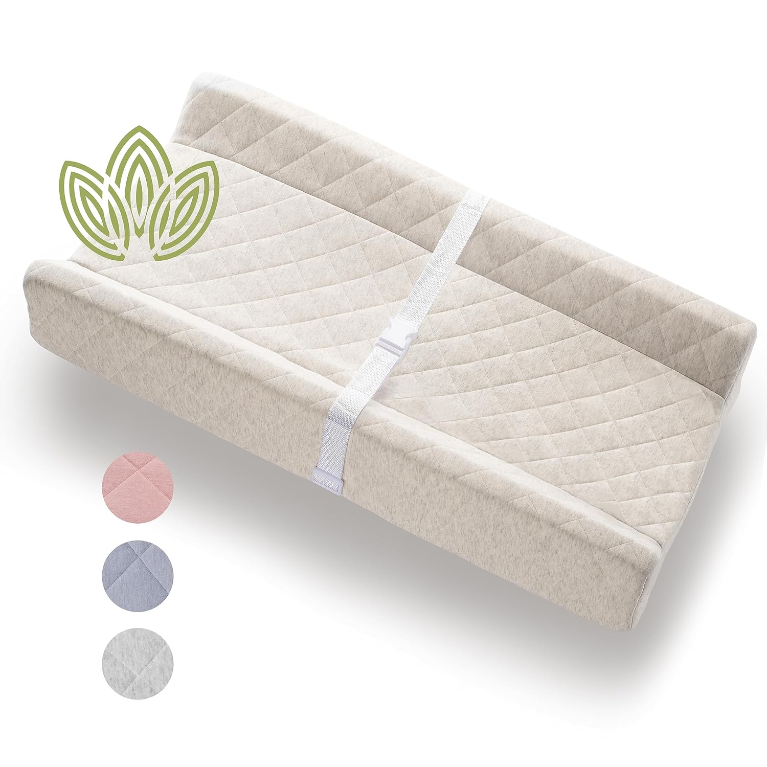 Organic Cotton Covered Contoured Baby Changing Pad | Waterproof Foam Mattress, Soft, Removable & Washable Cover, Safety Strap, Non-Slip Bottom, Topper for Standard Size Infant Diaper Table & Dresser