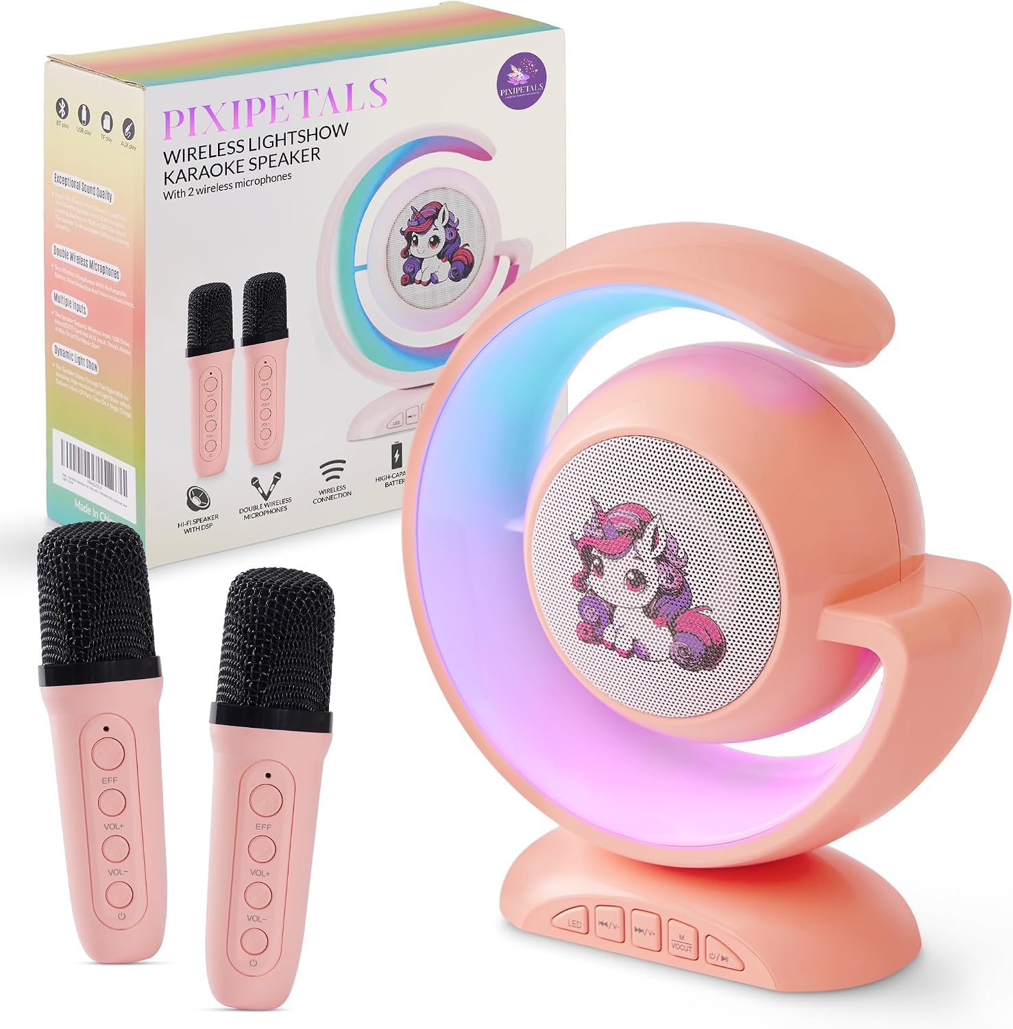 Portable Bluetooth Karaoke Machine for Kids – Karaoke Speaker for Girls with 2 Wireless Microphones, Party Lights, and Voice Effects – Pink Unicorn Design for Girls Ages 5,6,7,8,9,10,11,12 & Teens