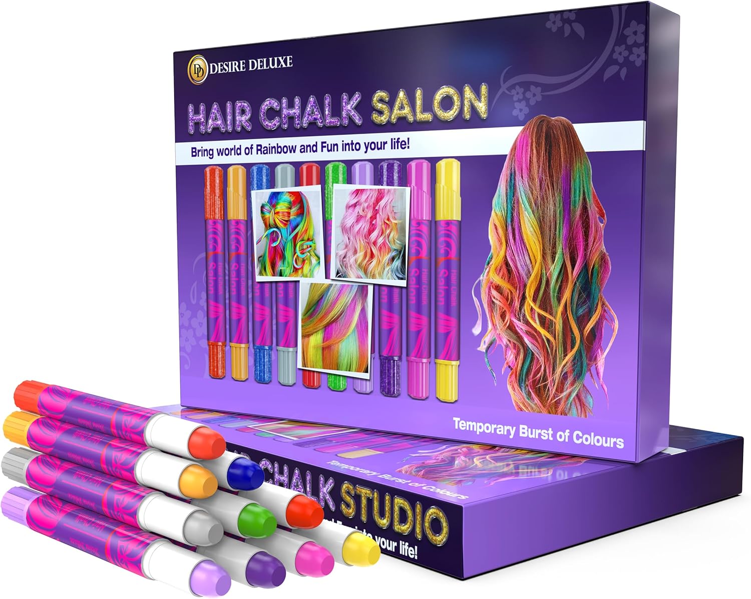 Desire Deluxe Girls Gifts Hair Chalk – 10 Temporary Washable Color Pens for Kids, Teenage, Make Up & Dress Up Colourful Styles Set Toy for Christmas, Birthday, Halloween Accessories, Party Activities