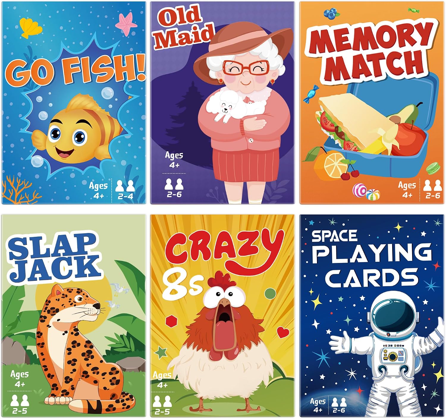 Card Games,6 Decks,Go Fish,Old Maid,Crazy 8s,Memory Match,Slap Jack,Space Playing Cards,Fun Game Cards for Kids Toddlers and Adults,Family Party Table Games, Stocking Stuffers Gifts for Kids