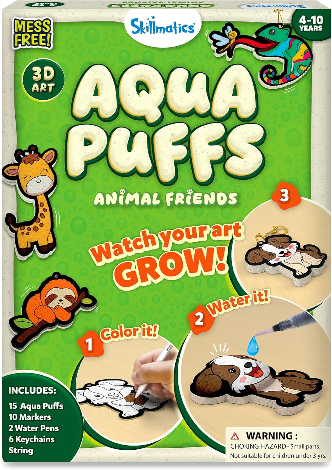 Skillmatics Aqua Puffs – 3D Art Kit, Animals, Mess-Free Paint by Number Craft for Kids, DIY Color Activity, Screen-Free Entertainment, Travel & Creative Gift for Girls & Boys Ages 4, 5, 6, 7, 8, 9, 10