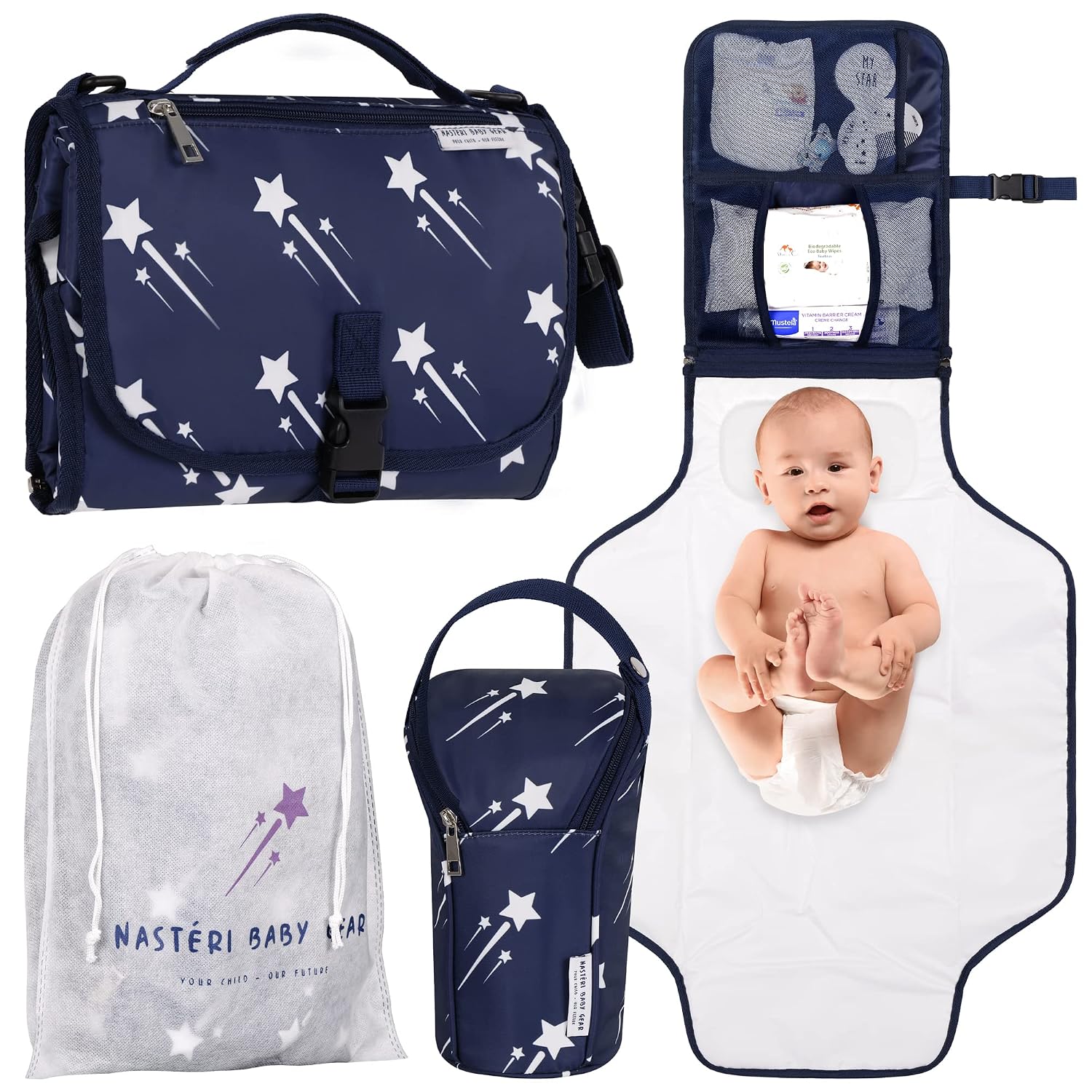 Nasteri Baby Gear Extra Large Portable Baby Changing Pad with Memory Foam Pillow & Insulated Bottle Bag – Waterproof Portable Changing Station for Girls & Boys – Navy