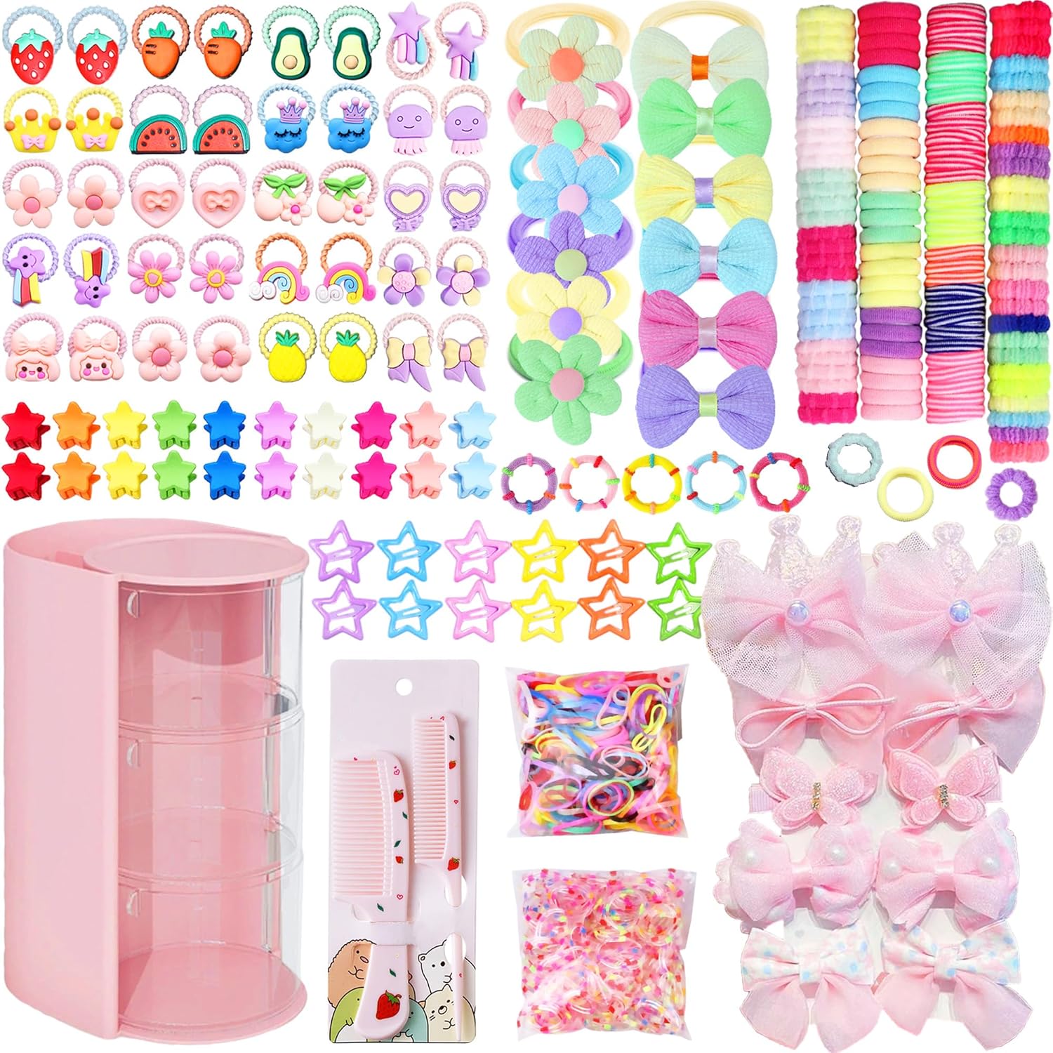 Hair Accessories for Little Girls Cute Elastic Ties Soft Rubber Bands Bow Clips Star Claws Assorted Ponytail Holders Supplies for Princess with Gift Box (900+Pcs)